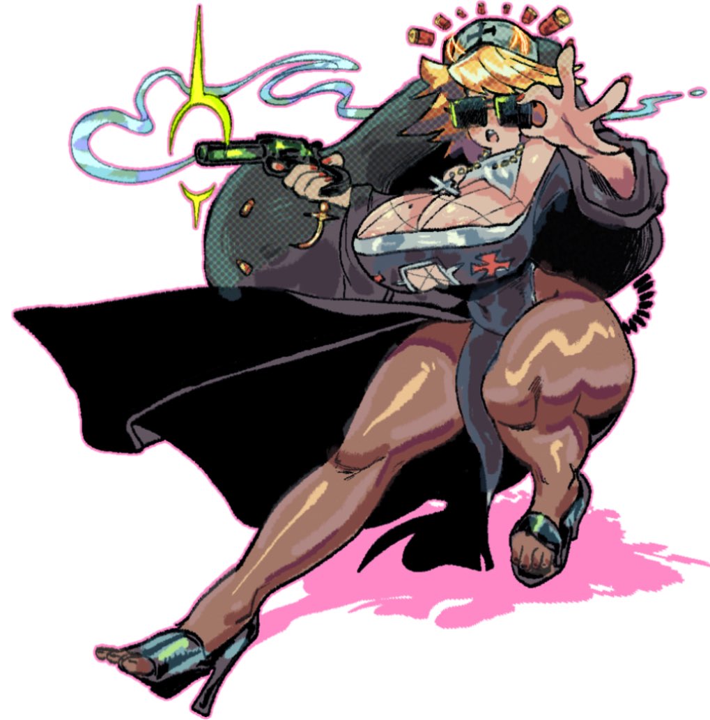 1girls, 2026, 2d, 2d (artwork), 2d artwork, ass, big, big ass, big breasts, big butt, big thighs, blonde hair, breasts, clothed, clothing, curvy, curvy body, curvy female, curvy figure, curvy hips, curvy thighs, female, gun, hair, heels, highres, horns, lips, original, original character, revolver, solo female, solo focus, spicyfuse, thick, thick ass, thick butt, thick hips, thick legs, thick thighs, weapon, white background