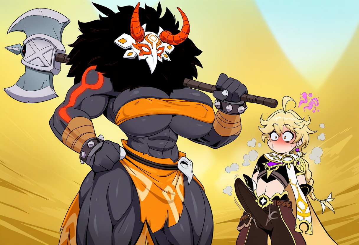 1boy, 1girls, aether (genshin impact), ai generated, axe, big ass, big breasts, big penis, big thighs, bigger female, clothed, clothed female, clothed male, curvaceous, curvaceous female, curvaceous figure, curvy, curvy body, curvy female, curvy figure, curvy hips, dark-skinned female, dominant female, embarrassed, embarrassed male, evya 171, female, full body, genshin impact, gigantic breasts, hilichurls (species), horns, hoyoverse, huge nipples, larger female, male, mask, mitachurl, monster girl, outdoors, pheromones, size difference, smaller male, thick legs, thick thighs, thighhighs, thighs, tribal, tribal clothing, tribal corruption, tribal markings, tribal paint, tribal tattoo, tribal tattoos, voluptuous, voluptuous body, voluptuous female