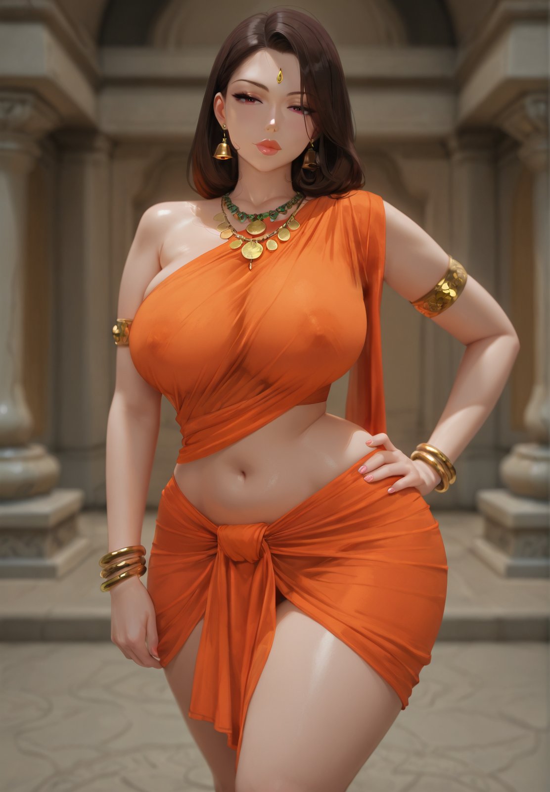 1girls, ai generated, architecture, armlet, bangle, bell earrings, bindi, brown hair, child bearing hips, dancer, dark brown hair, earrings, female, female only, forehead jewel, front-tie clothing, gold jewelry, hair over shoulder, half-closed eyes, hand on hip, hindu, indian, indian clothes, indian female, large breasts, long hair, loose hair, milf, miniskirt, narrow waist, necklace, nipple bulge, nipples visible through clothing, orange clothing, pillar, rgomez007, saree, sari, sarong, skindentation, solo female, stable diffusion, stern expression, temple, temple background, thick lips, thick thighs, wide hips