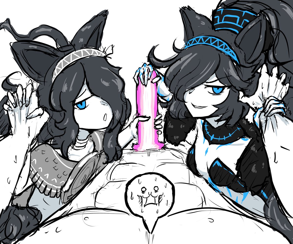 1boy, 2025, 2girls, animal ears, black hair, blue eyes, breast press, breasts, cat ears, cat girl, completely nude, double handjob, embarrassed, embarrassed nude female, feline, female, ffm threesome, handjob, hi res, kasli the bane, kasli the scourge, long hair, looking at partner, looking at viewer, nude, nude male, nyanko daisensou, open mouth, pain, penis, penis grab, ponytail, pov, pov male, simple background, small breasts, spattackdoll, sweat, sweatdrop, the battle cats, threesome, video game character, video games, white background, white body