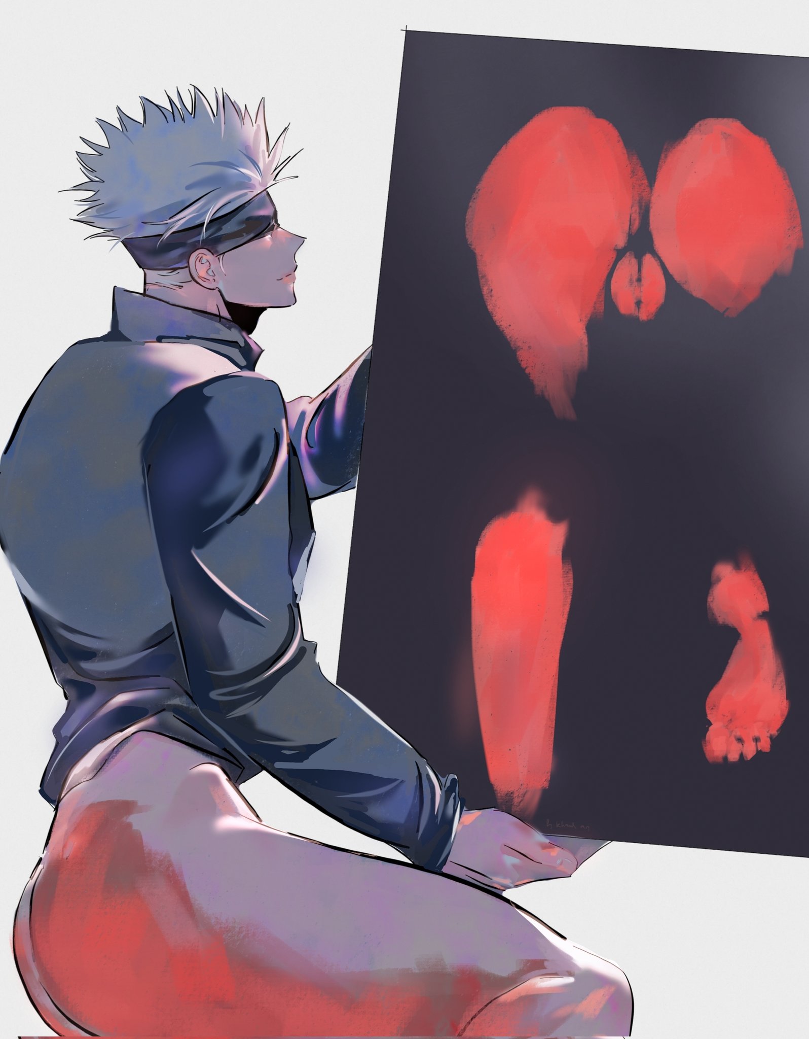 1cuntboy, ass, blindfold, bodypaint, bottomless, cuntboy, holding, jujutsu kaisen, lkawang1212, male focus, pussy, satoru gojo, shirt, short hair, white hair