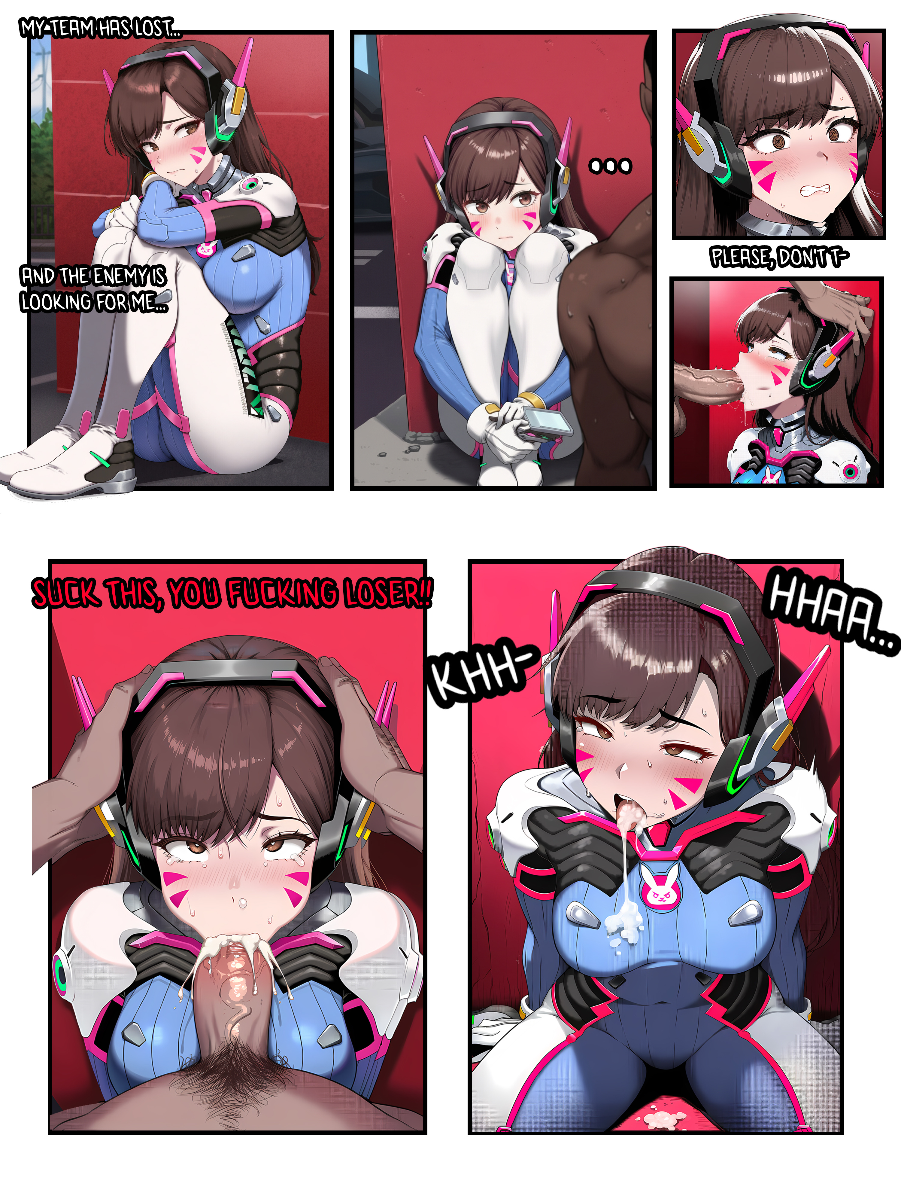 about to be raped, about to cum, about to have sex, about to pound the fuck outta em, ai assisted, ai generated, blowjob, blowjob face, blowjob focus, blowjob pov, comic, comic page, cum, cum in mouth, cum inside, cum on breasts, cumshot, d.va, dark skin, dark-skinned male, fellatio, fellatio domination, fellatio face, fellatio pov, forced, forced oral, forced sex, inminent blowjob, inminent rape, inminent sex, interracial, interracial sex, manga, manga page, mouth shot, nay juno, open mouth, overwatch, overwatch 2, penetration, rape, rape face, raped, raped by enemy, raped female, raped girl, violation