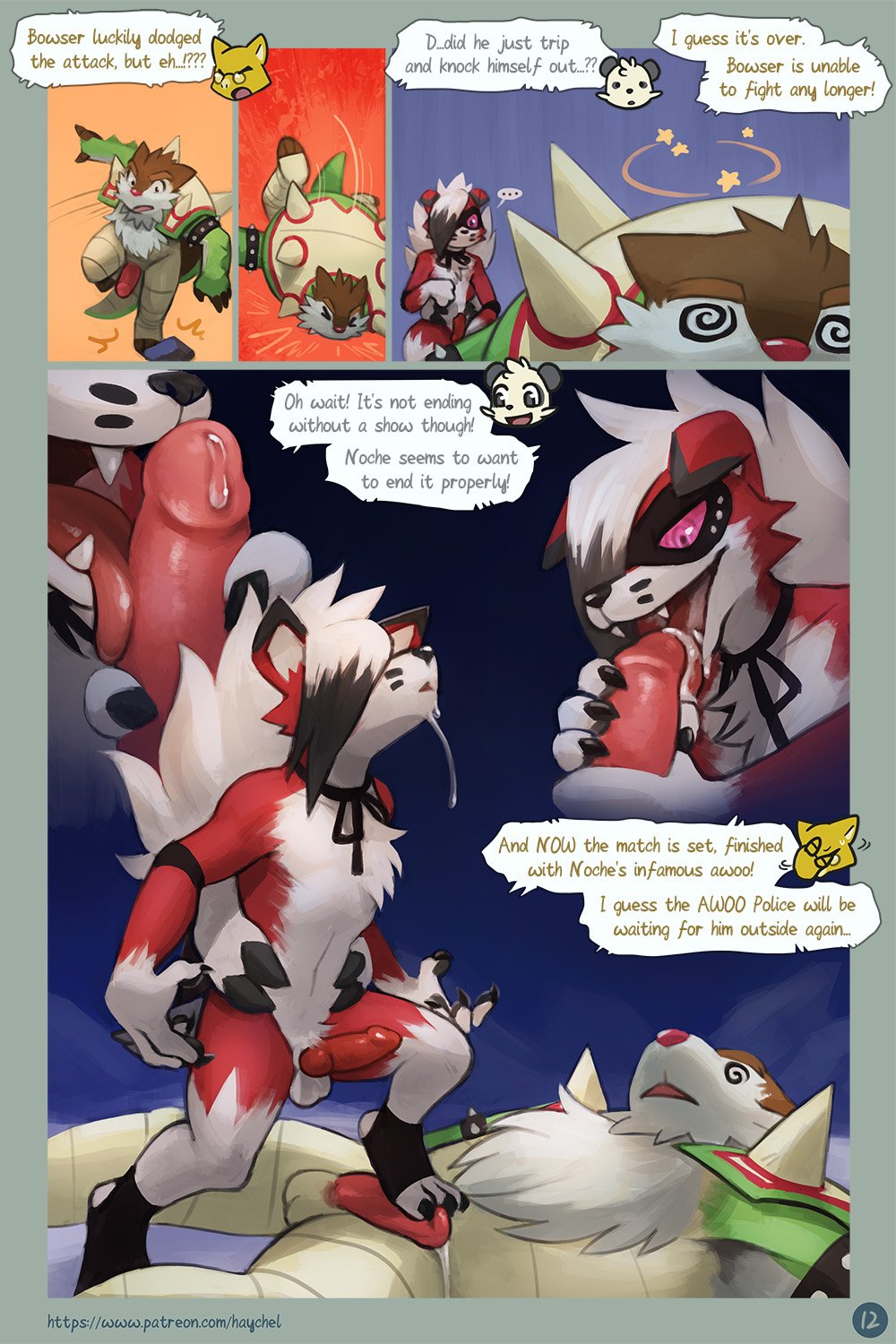 2boys animal_genitalia animal_penis anthro awoo balls canine_penis chesnaught chubby close-up comic cum cum_in_mouth cum_inside dialogue domination duo_focus english_text erection furry gay group haychel howl interspecies knot licking lycanroc lying male male_only mask melee_weapon midnight_lycanroc nintendo nude on_back oral penis pokémon_(species) pokemon pokemon_sm pokemon_xy precum size_difference speech_bubble sword text tongue tongue_out unconscious video_games weapon yaoi