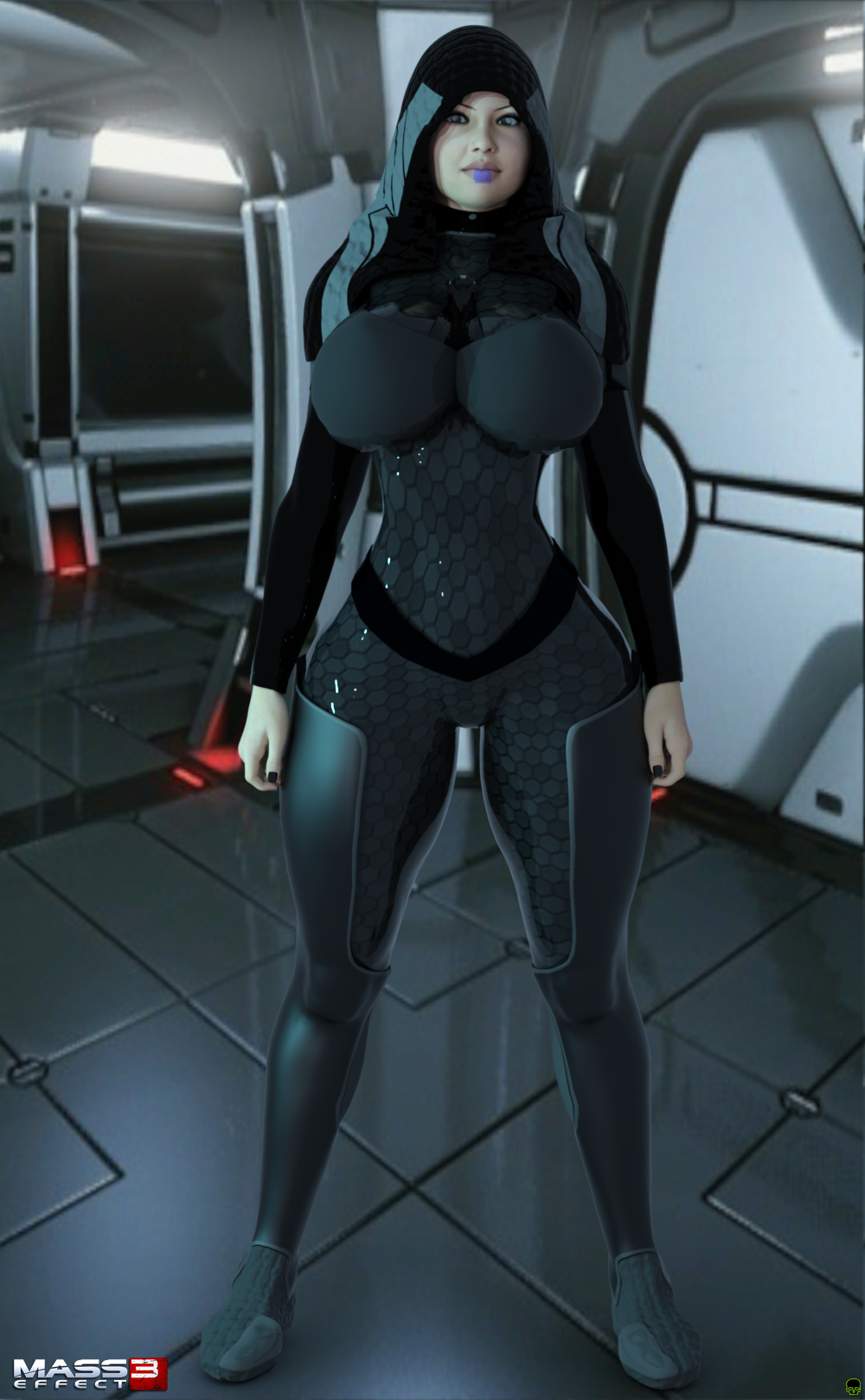 1girls 3d asian asian_female big_breasts blue_eyes bodysuit boots busty cleavage clothed clothed_female clothes clothing curvy detailed_background eyelashes female female_only front_view fully_clothed gloves hood hourglass_figure human indoor inside kasumi_goto looking_at_viewer mass_effect nail_polish pose posing room shadow solo spread_legs spreading standing thick_thighs video_game video_games voluptuous wide_hips xskullheadx