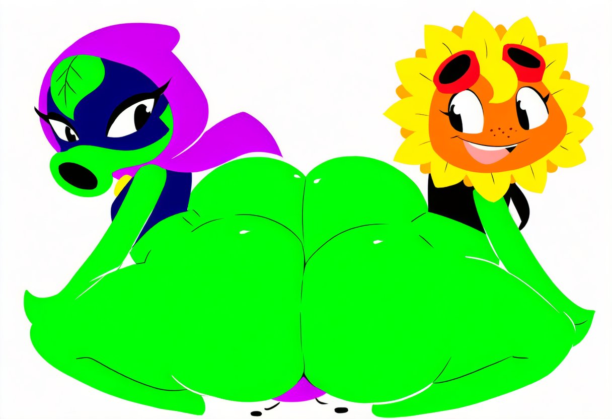 2girls, ass, big ass, green shadow (pvz), peashooter (pvz), plants vs zombies, pvz, sandwiched, solar flare (pvz), sunflower (pvz)