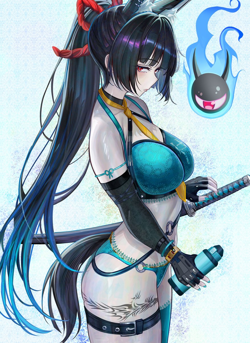 1girls, animal ears, animal humanoid, black hair, female, green swimwear, hoshimi miyabi, hoyoverse, long hair, mihoyo, ponytail, red eyes, swimwear, sword, tail, zenless zone zero