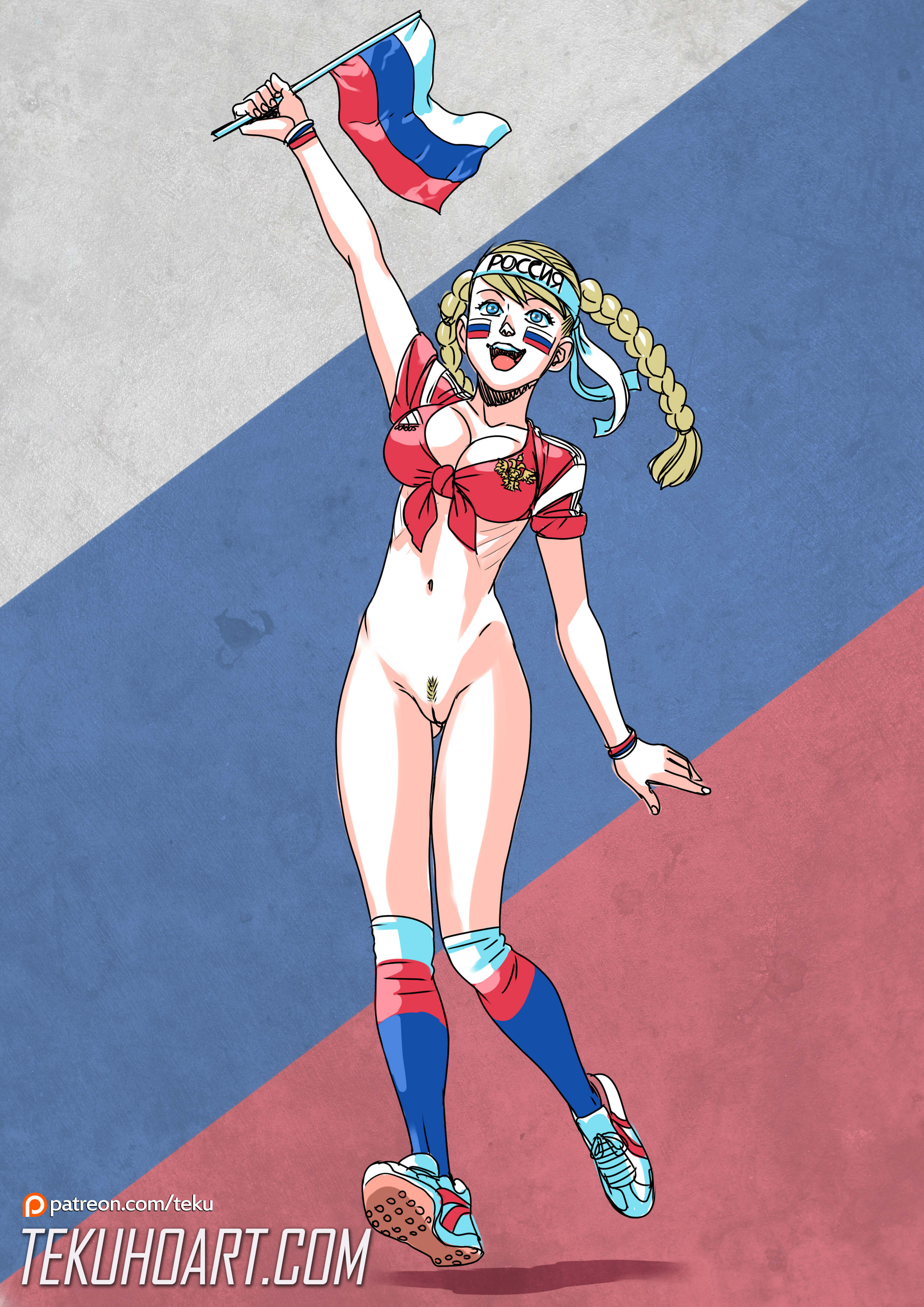 1girls, blonde, blonde hair, blonde pubic hair, blue eyes, bottomless, breasts, cleavage, eastern european, european, female, female only, fifa, flag, football, football uniform, headband, human, human only, light skin, light-skinned female, national personification, pubic hair, pussy, revealing clothes, russia, russian, russian flag, skinny, slavic, soccer, solo, solo female, tekuho, uniform, world cup
