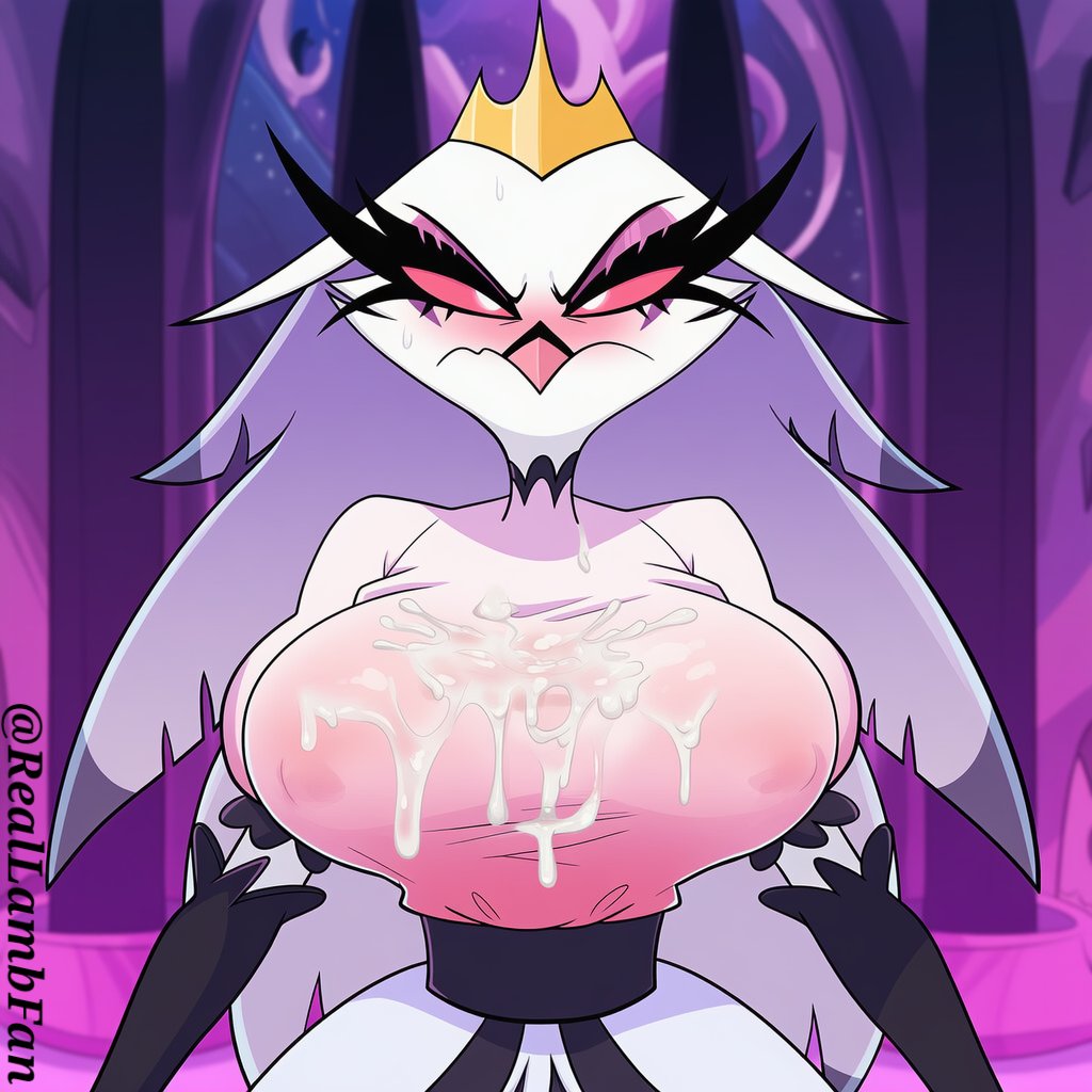 ai generated, angry expression, anthro, anthropomorphic, aroused expression, avian, beak, big breasts, bird, black beak, black gloves, black horns, blush, breasts, crown, cum, cum drip, cum on body, cum on breasts, cum splatter, demon, dress, dripping cum, feathers, feathers ruffled, female, front view, glistening, gloves, goetia, golden crown, gritted teeth, groping own breasts, half closed eyes, helluva boss, holding breasts, horns, huge breasts, lifting breasts, long gloves, looking down, low-cut dress, messy, narrowed eyes, owl, pink eyes, presenting breasts, reallambfan, semen, shiny skin, solo, sperm, stella (helluva boss), sweat, sweatdrop, tears, thick cum, upper body, wet, white cum, white feathers