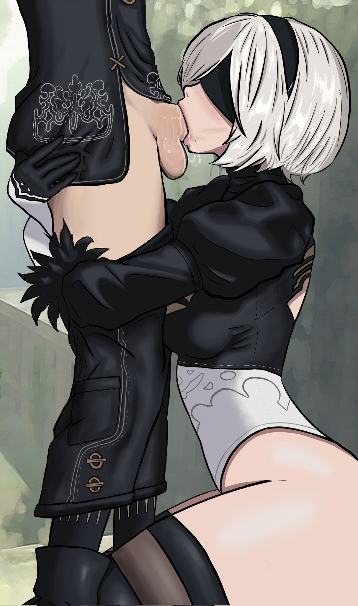 1boy, 1girls, ass, balls, beauty mark, black blindfold, black boots, black headband, black shorts, black socks, black visor, blindfold, blowjob, bob cut, boots, bottomless, breasts, city background, deepthroat, fellatio, female, hairband, hairless balls, headband, holding partner, huge butt, huge thighs, kneeling, kneeling oral position, leotard, light skin, light-skinned female, light-skinned male, male, mole under mouth, nier, nier: automata, oral, oral sex, penis, puffy sleeves, saliva, saliva trail, sex, short hair, shorts, shorts down, slim waist, socks, testicles, thick thighs, thighhighs, thighs, thighs bigger than head, visor, white hair, white leotard, yorha 2b, yorha 9s