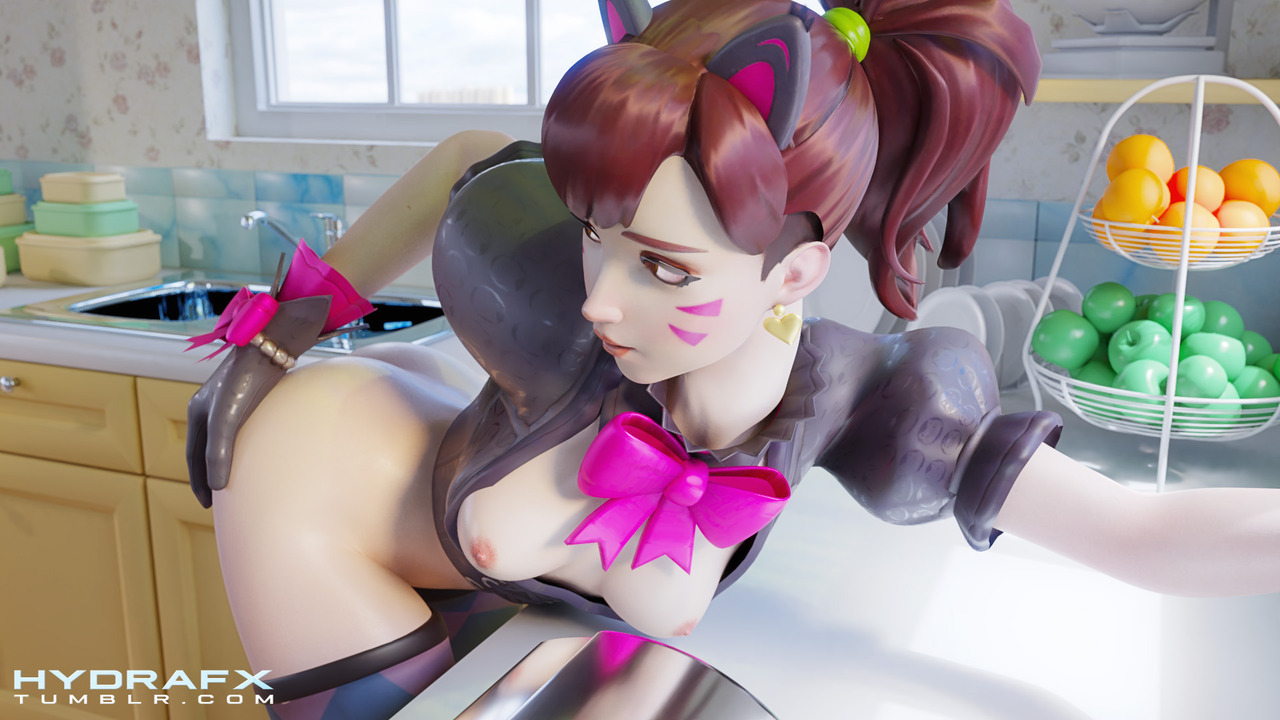 1girls, 3d, alternate costume, ass, black cat d.va, breasts, brown eyes, brown hair, d.va, female, female only, hydrafxx, overwatch, solo