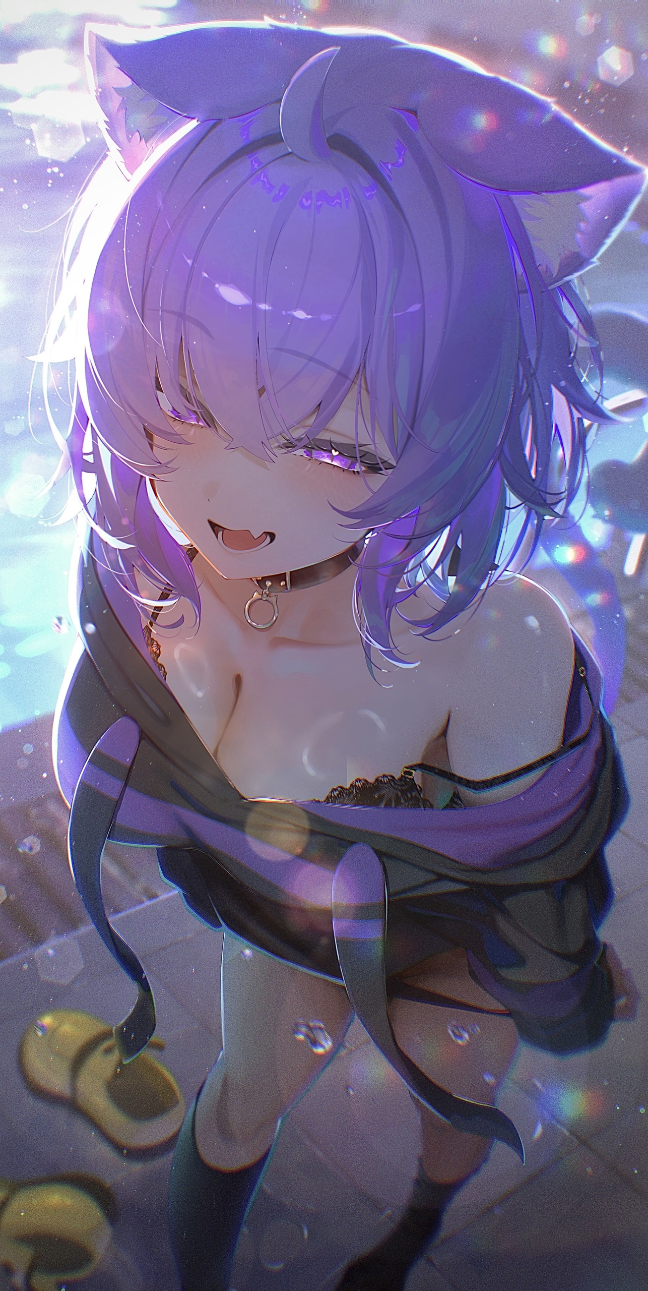 artist request, bra, cat ears, cat tail, catgirl, female, hololive, hoodie, legwear, nekomata okayu, panties, panty pull, purple eyes, purple hair, seductive, seductive eyes, seductive look, socks, underwear, undressing, virtual youtuber, water