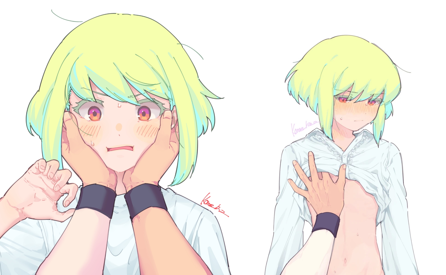 2boys, androgynous, blonde hair, blush, bob cut, clothing, embarrassed, femboy, femboy focus, galo thymos, gay, holding head, lifting shirt, lio fotia, male, petite, petite body, petite male, pov, promare, shirt lift, short hair, shy, slim, slim male, slim waist, solo focus, touching nipples, twink, yaoi