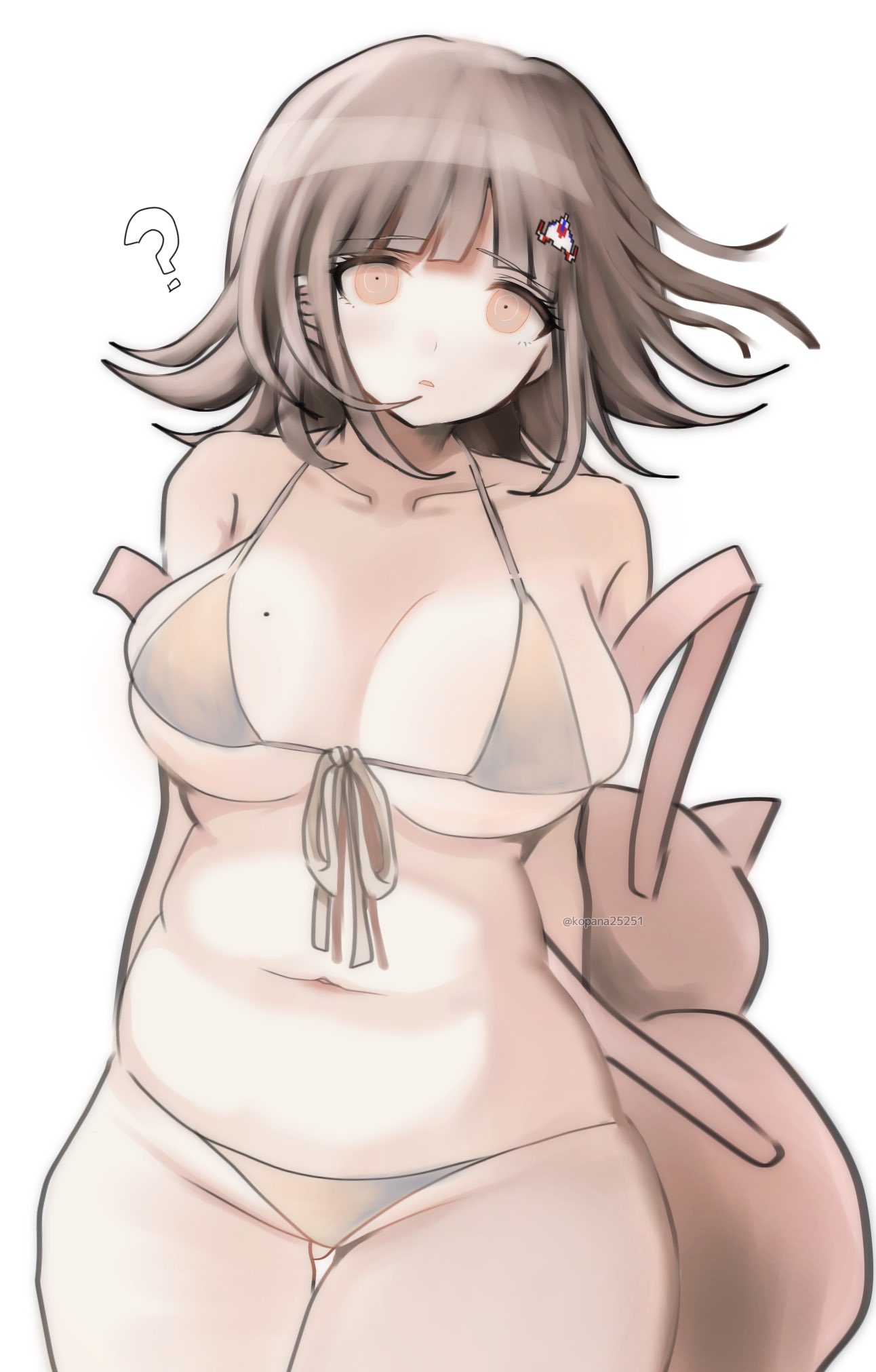 :o, ?, 1girls, adorable, adorable face, adorable girl, arms behind back, bag, big breasts, bikini, blush, busty, busty female, chubby, chubby female, confused, curvaceous, curvy, curvy body, curvy female, curvy figure, curvy hips, cute, cute but busty, cute face, cute female, cute girl, danganronpa, danganronpa 2: goodbye despair, danganronpa 2x2, fat, hourglass figure, huge breasts, ikemen'na ore-shi, large breasts, nanami chiaki, voluptuous, voluptuous female