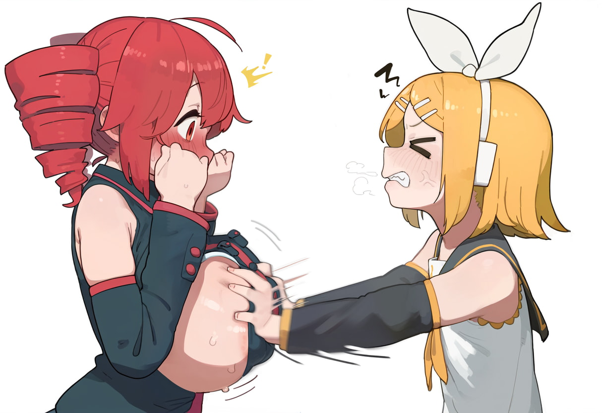 2girls, ahoge, ai generated, black shirt, black sleeves, blonde hair, blush, bow, breast envy, breast grab, breasts, brittle, clenched teeth, collared shirt, detached sleeves, drill hair, grabbing, hair bow, hair ornament, hairclip, hands up, headset, huge breasts, kagamine rin, kasane teto, looking at another, motion lines, multiple girls, neckerchief, novelai, red eyes, red hair, sailor collar, shirt, short hair, sleeveless, sleeveless shirt, sweat, teeth, twin drills, utau, vocaloid, white background, white bow, white shirt, yellow neckerchief, yuri