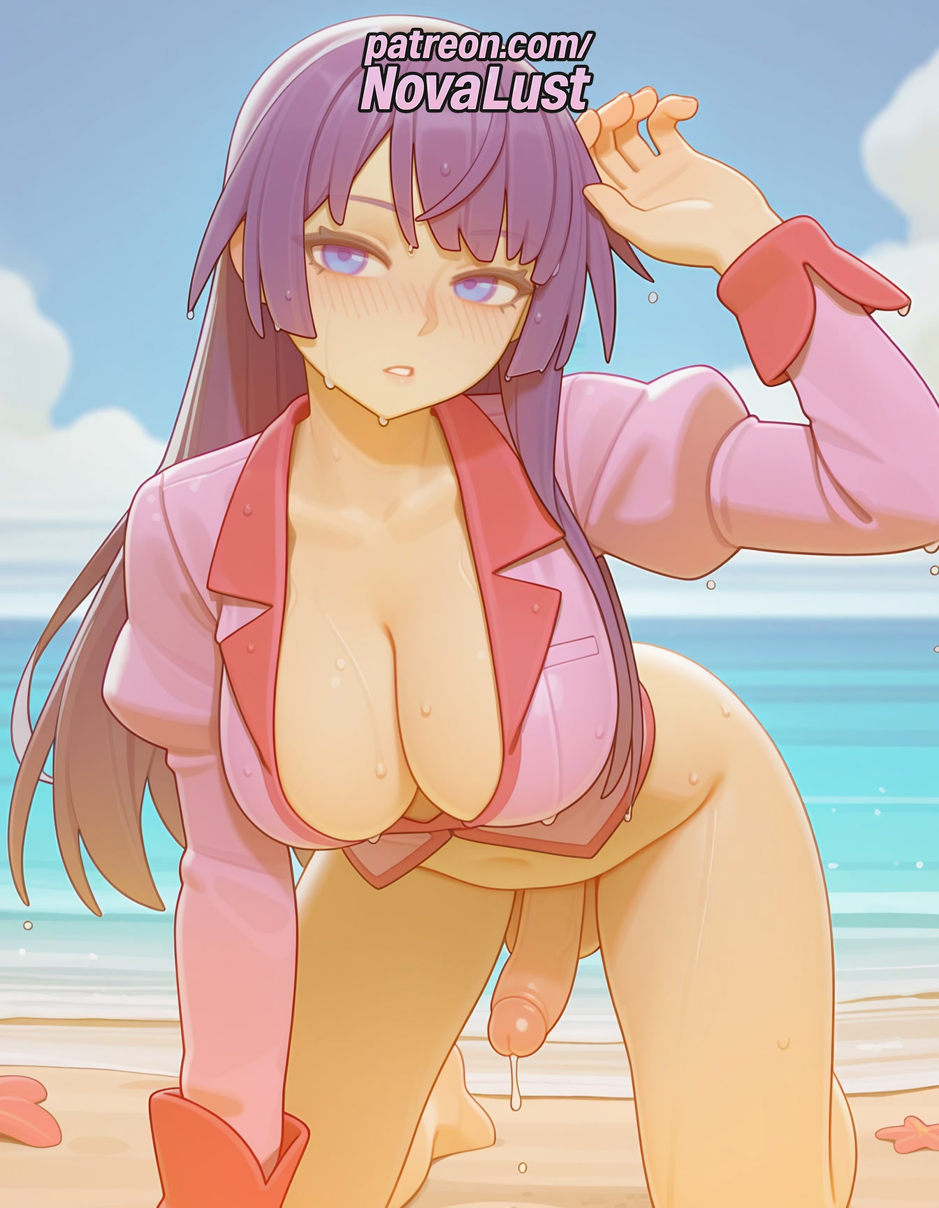 1futa, 2026, ai generated, artist name, bakemonogatari, beach, blue sky, blush, breasts, bust, chest, cleavage, cloud, cock, cum, day, dick, erection, futanari, heart, hi res, high quality, high resolution, highres, horizon, juliet sleeves, long hair, long sleeves, looking at viewer, monogatari (series), novalust, ocean, outdoors, patreon, patreon username, penis, puffy sleeves, purple eyes, purple hair, sand, senjougahara hitagi, sky, solo, stable diffusion, sweat, testicles, uncensored, water, watermark