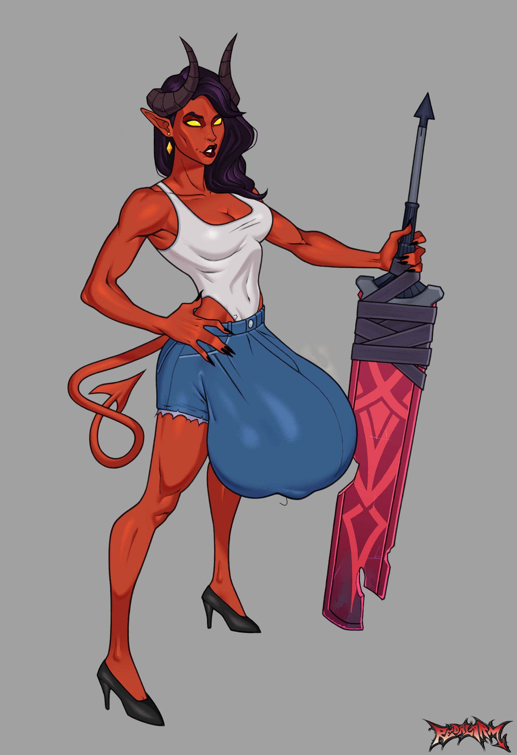 1futa, 2d, 2d (artwork), 2d artwork, bulge, dispatch (game), futa only, futanari, horns, huge balls, huge cock, malevola gibb, red body, red skin, redalarm, shoes, shorts, simple background, solo, sword, tail, weapon, white shirt, yellow eyes