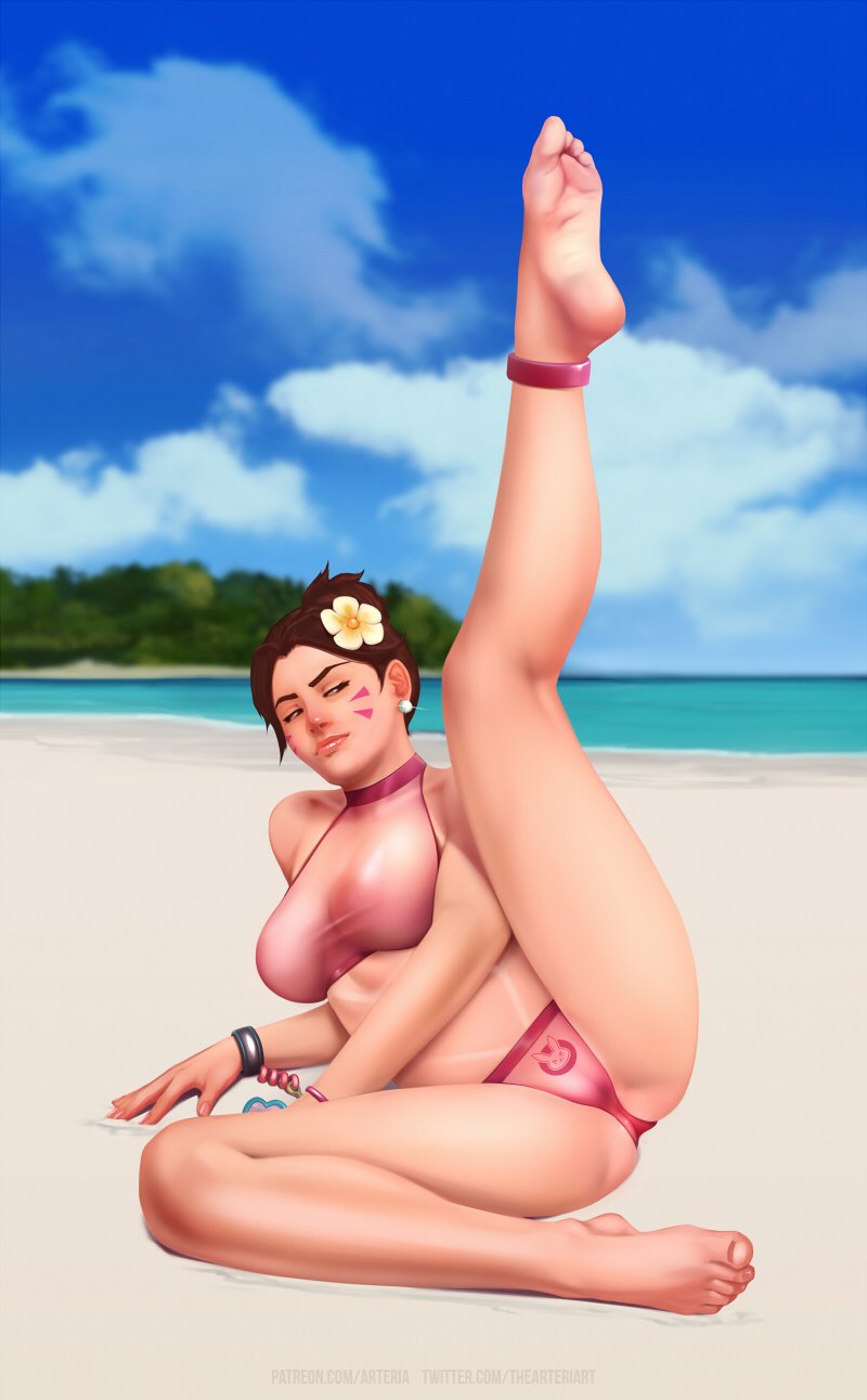 1girls alternate_costume arteria beach bikini d.va feet female female_only overwatch soles solo swimsuit toes waveracer_d.va