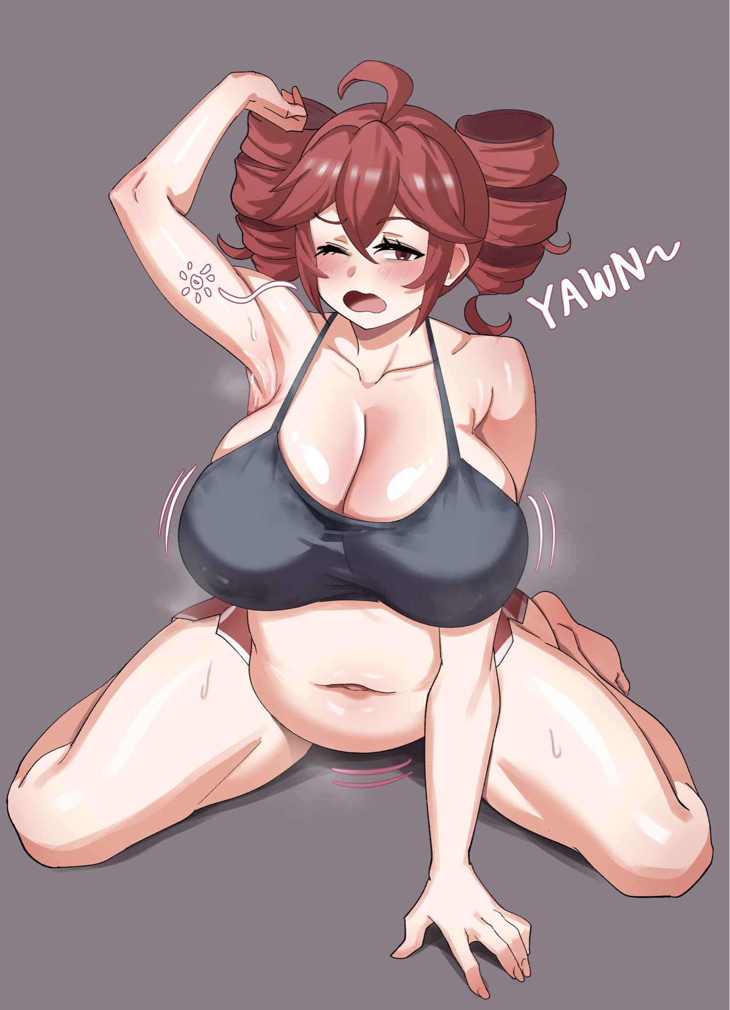 1girls, 2d, 2d (artwork), belly, belly overhang, big breasts, bra, breasts, chubby, chubby belly, chubby female, color, colored, curled hair, female, female focus, female only, kasane teto, large breasts, light-skinned female, musk, musk clouds, musky, on floor, red hair, shiny skin, sleepy, solo, solo focus, stretching, sweat, sweaty, sweaty body, tired, utau, vocaloid, yawn, yawning, ytrall