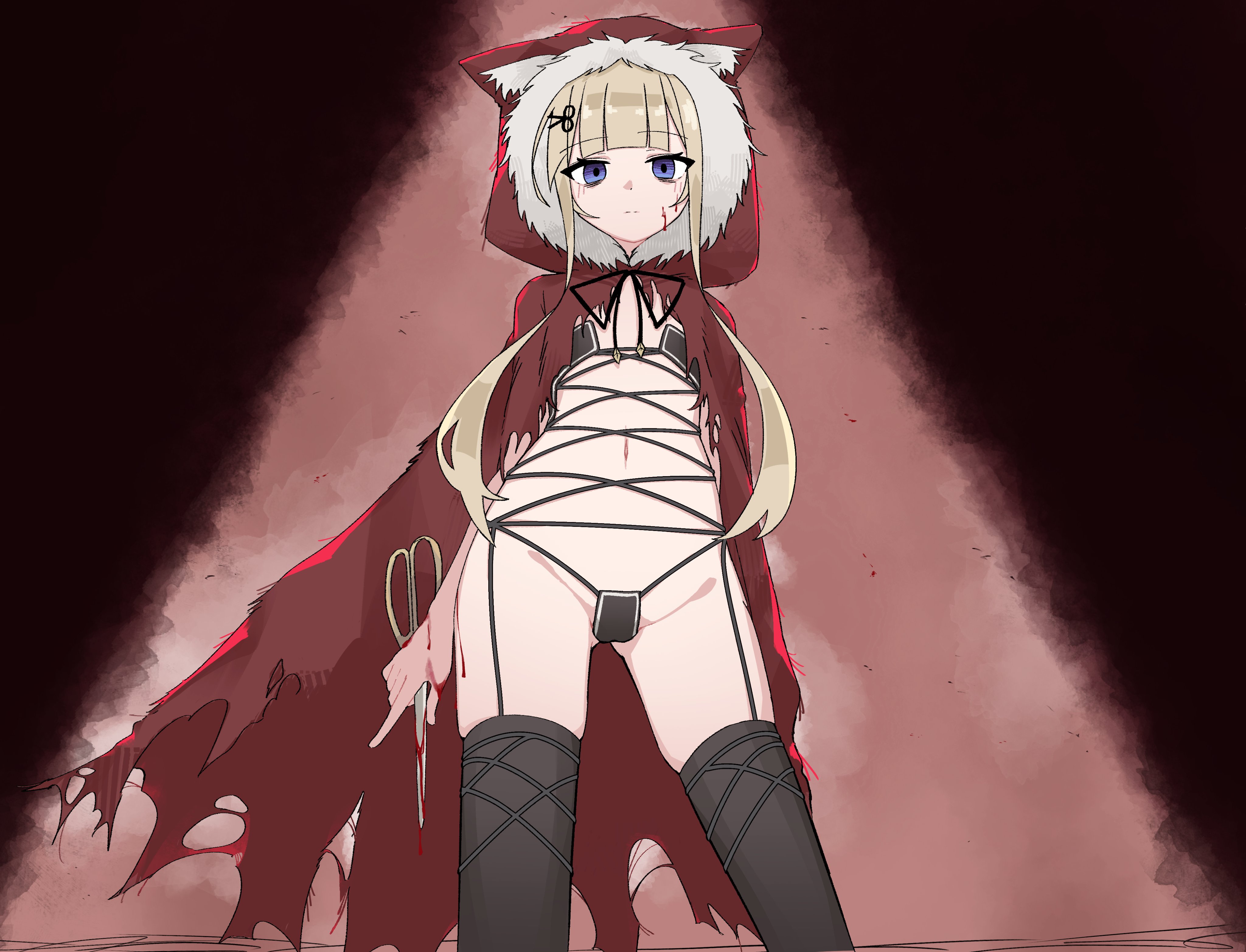 1girls, absurdres, amanogawa shiina, bikini, black bikini, black souls, black souls 2, black thighhighs, blonde hair, blood, blood on face, blue eyes, blush, closed mouth, commentary, commission, cosplay, cowboy shot, english commentary, female, flat chest, highres, holding, holding scissors, hood, lyrinne, navel, phase connect, red hood, red hood (black souls), red hood (black souls) (cosplay), revealing clothes, scissors, scissors hair ornament, second-party source, solo, string bikini, swimsuit, thighhighs, thighs, virtual youtuber, vtuber