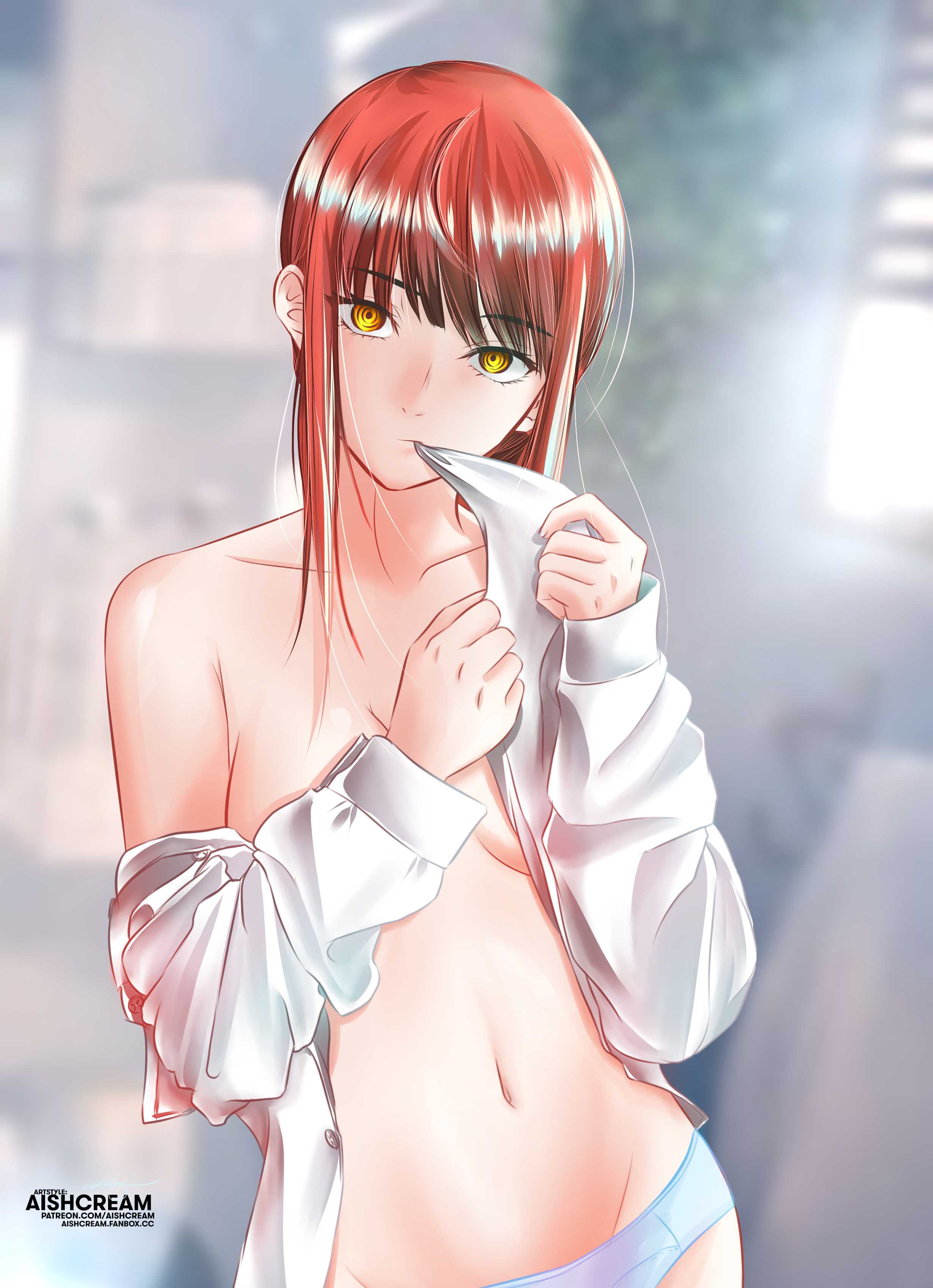 1girls, 2d, 2d (artwork), 2d artwork, adult, adult female, aishcream, belly, belly button, blurred background, blurry background, breasts, busty, busty female, chainsaw man, collarbone, digital, digital art, digital drawing, digital drawing (artwork), digital media, digital media (artwork), eyebrows visible through hair, female, female focus, female only, fingers, half naked, half nude, head tilt, high resolution, highres, indoor, indoor nudity, indoors, lean figure, long hair, looking at viewer, makima (chainsaw man), mature, mature female, medium breasts, midriff, naked, naked female, naked shirt, naked woman, narrow waist, navel, nude, nude female, nudity, open clothes, open clothing, open shirt, open topwear, panties, red hair, red-haired female, ring eyes, ringed eyes, semi nude, shirt, shoulders, sidelocks, slender body, slender waist, slim waist, solo, standing, tilted head, unbuttoned, unbuttoned shirt, underwear, upper body, white panties, white shirt, white topwear, white underwear, yellow eyes, yellow-eyed female