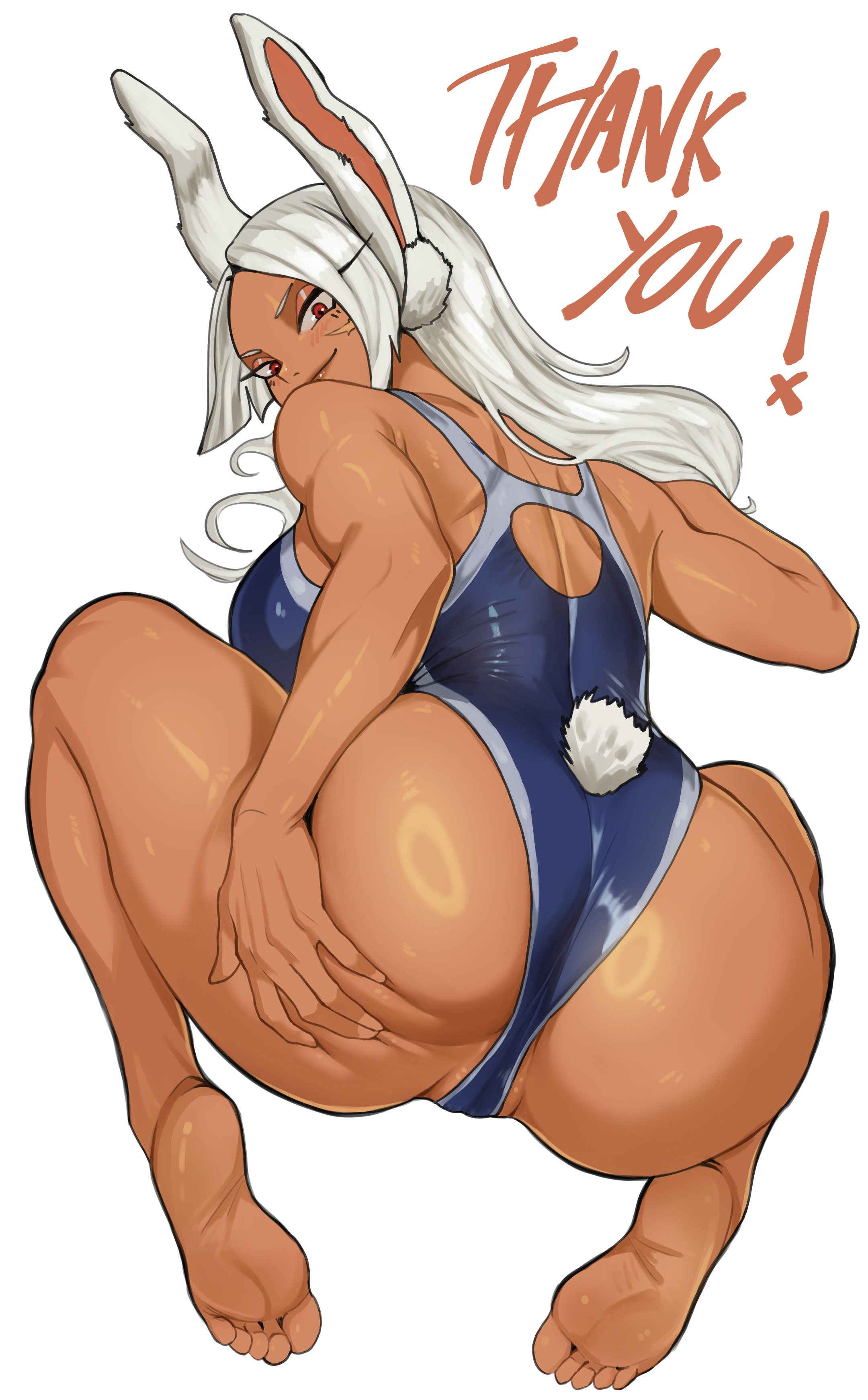 1girls, absurdres, against wall, animal ears, ass, back cutout, barefoot, black panties, black sweater, blue one-piece swimsuit, blush, boku no hero academia, breasts, bunny ears, bunny girl, bunny tail, cameltoe, clothing cutout, commentary, competition swimsuit, dark skin, dark-skinned female, english commentary, feet, female, from behind, hand on own ass, hand on wall, highres, huge ass, huge butt, large breasts, long eyelashes, long hair, looking at viewer, looking back, median furrow, mirko, miruko, my hero academia, one-piece swimsuit, parted bangs, parted lips, pussy, rabbit ears, rabbit girl, rabbit tail, red eyes, rumi usagiyama, scar, scar on face, shoulder blades, simple background, sitting, soles, solo, solo female, steaming body, sweat, swimsuit, tail, tail through clothes, thick thighs, thigh gap, thighs, thong, toes, toned, toned female, underwear, very long hair, wariza, white background, white hair, witlessfrawn