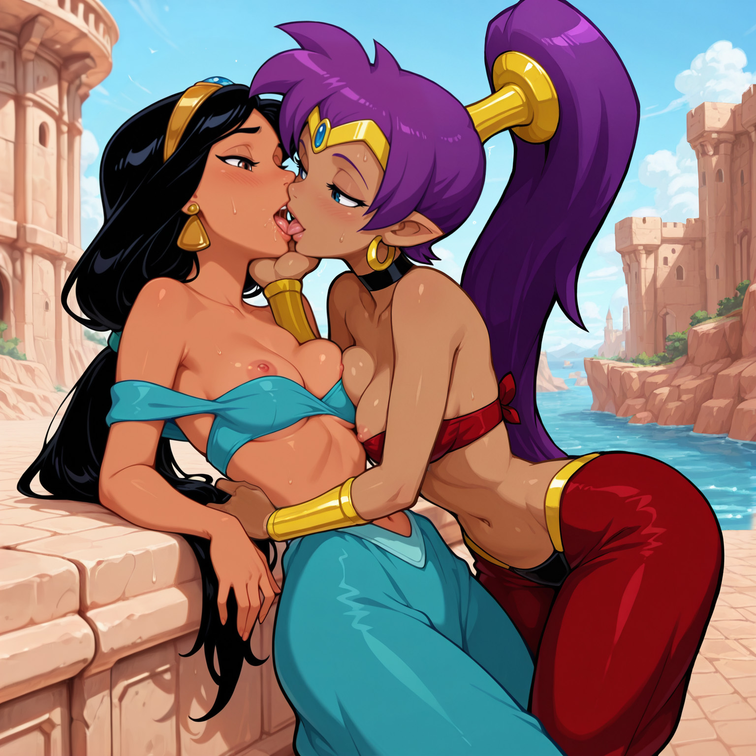 2girls, ai assisted, ai generated, aladdin (1992 disney film), asymmetrical docking, breasts, breasts out, choker, crossover, dark-skinned female, disney, disney princess, female, female only, french kissing, hairband, hand on another's face, harem pants, jasmine (aladdin), jewelry, kissing, multiple girls, necklace, off shoulder, ponytail, princess, princess jasmine, shantae, shantae (character), yuri