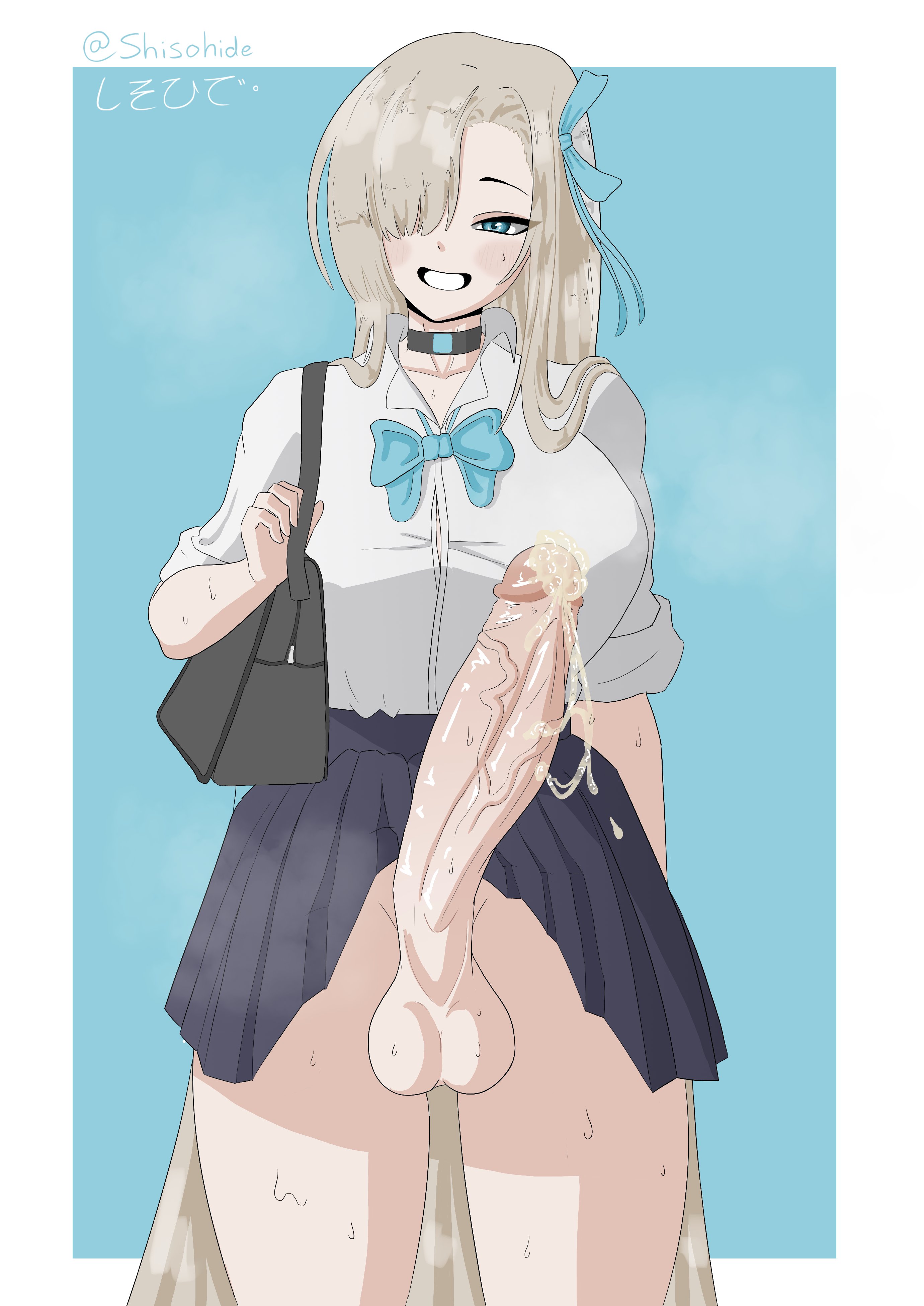 1futa, 2025, absurd res, asuna (blue archive), asuna (school uniform) (blue archive), balls, big penis, blonde hair, blue archive, blue eyes, choker, cum, cum leaking, erect penis, erection, futa only, futanari, grin, grinning at viewer, hair over one eye, handbag, long hair, long penis, looking at viewer, penis, school uniform, shisohide, skirt, smiling, smiling at viewer, solo, veiny penis, very long hair