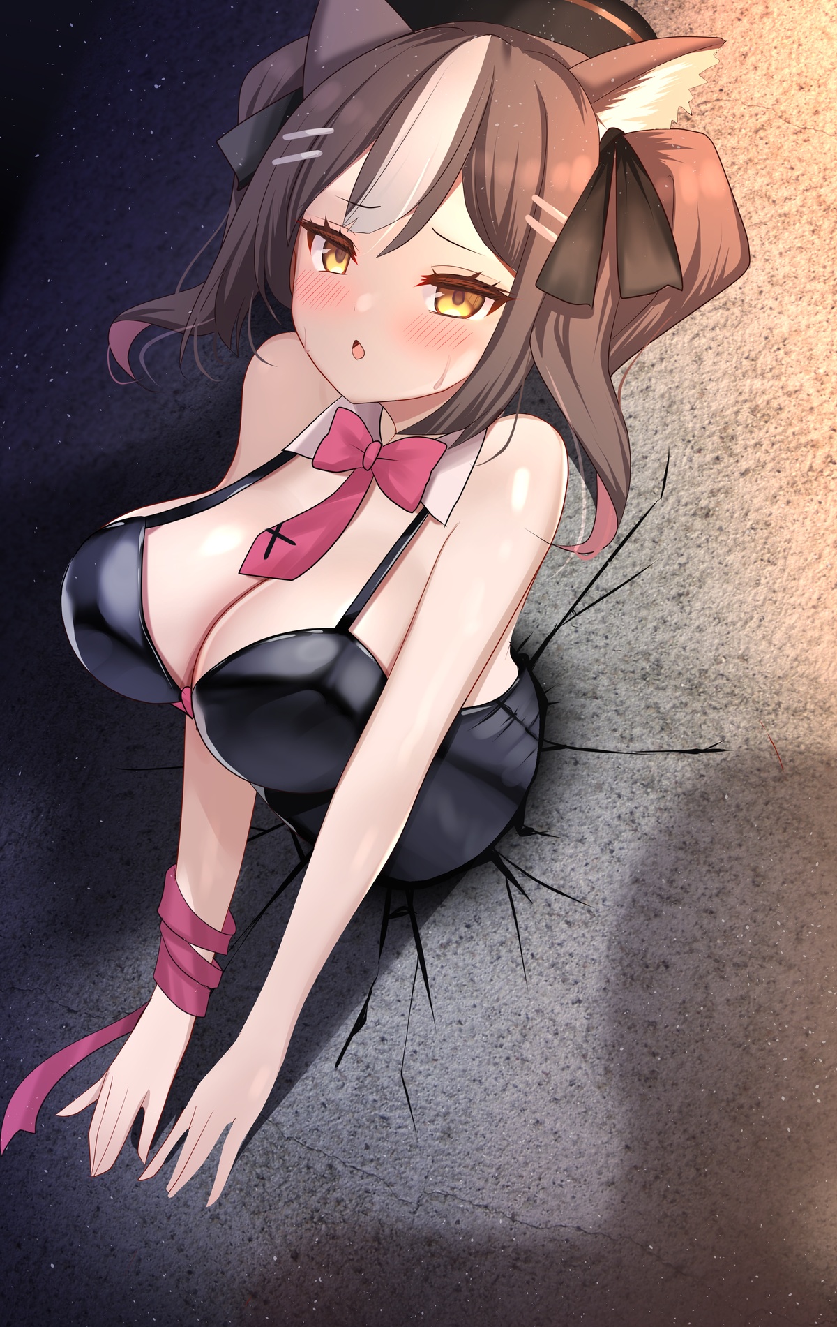 1girl, 1girls, animal ears, bare shoulders, big breasts, black leotard, black ribbon, blush, bow, bowtie, breasts, brown hair, cat ears, chisaka airi, cleavage, collar, commission, cosplay, crack, detached collar, female, hair ornament, hair ribbon, hairclip, hat, hatsune miku, hatsune miku (cosplay), highres, large breasts, leotard, looking at viewer, multicolored hair, open mouth, phase connect, pink bow, pink bowtie, pink ribbon, playboy bunny, rabbit hole (vocaloid), ribbon, shiny skin, skeb commission, solo, streaked hair, stuck, teec, through wall, twintails, virtual youtuber, vocaloid, vtuber, white collar, white hair, wolf ears, wolf girl, wrist ribbon, yellow eyes