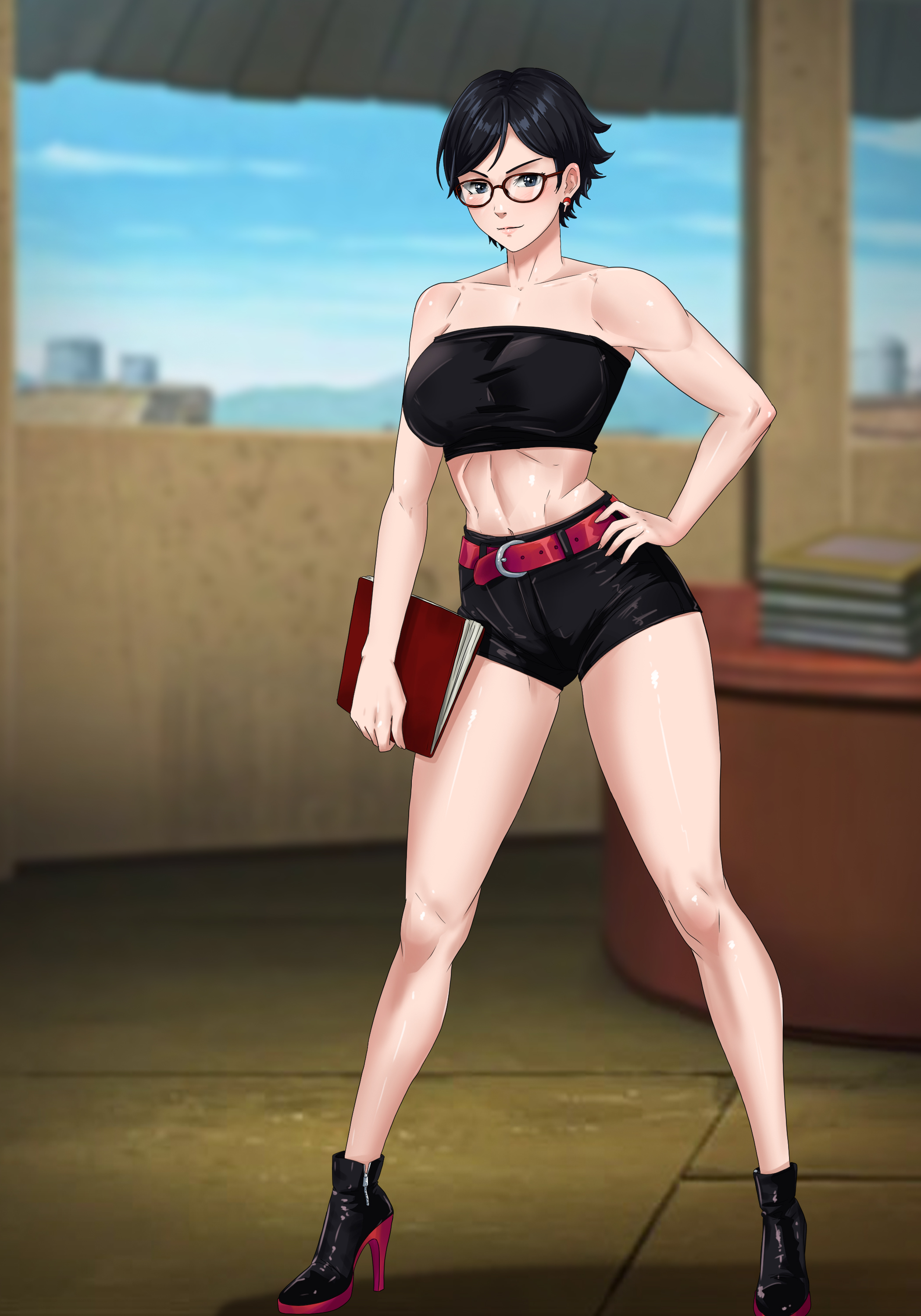 1girls, aged up, amenoosa, big breasts, black hair, boruto: two blue vortex, breasts, clothed, clothed female, female, female only, glasses, messy hair, naruto, naruto (series), sarada uchiha, showing off