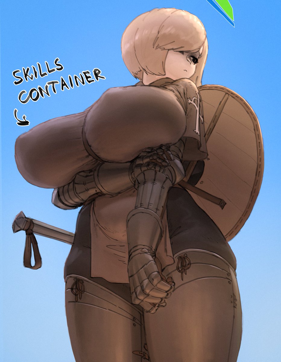 armor, armored female, arms crossed, big breasts, evil container, gauntlets, large breasts, no sex, shield, thigh armor, wassnonnam
