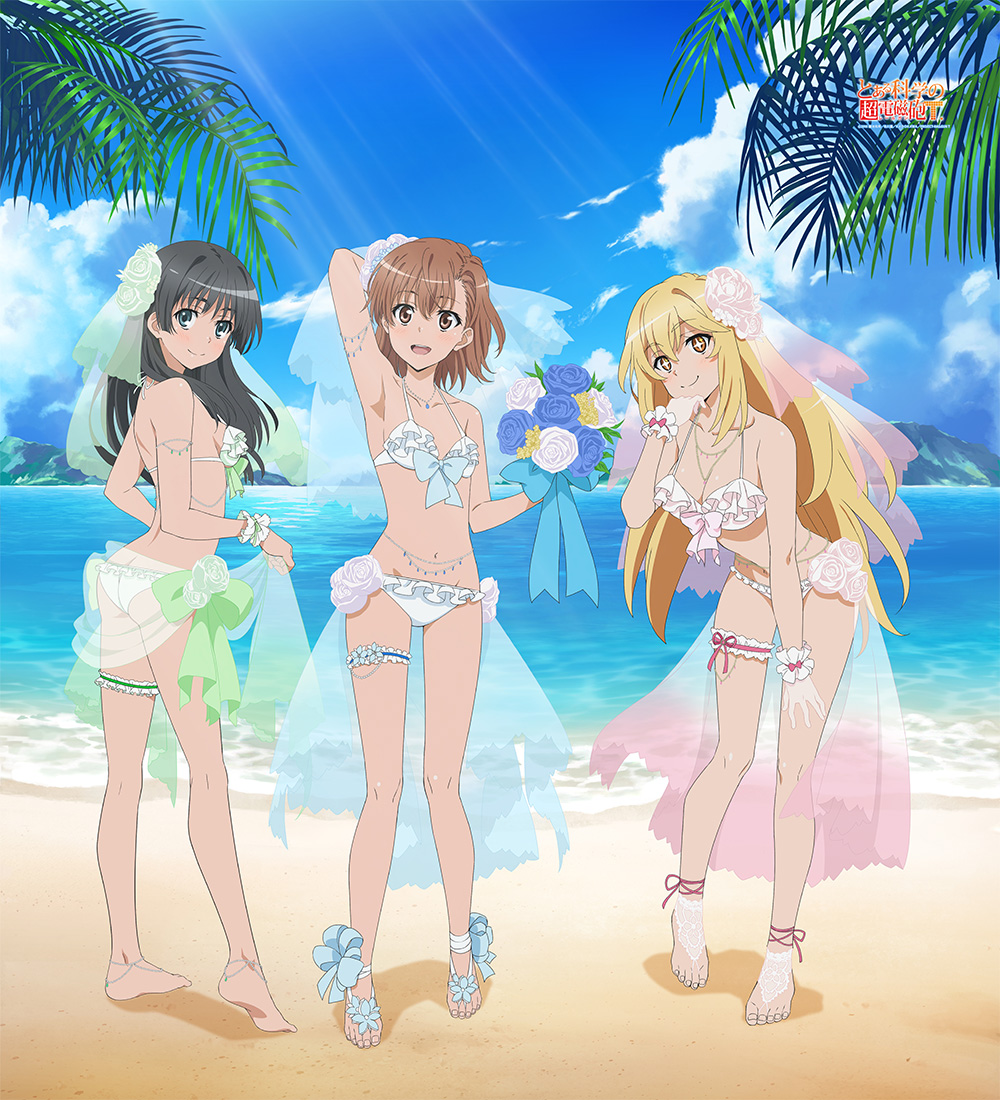 3girls, beach, bikini, black hair, blonde hair, brown hair, cleavage, misaka mikoto, multiple girls, ocean, official art, saten ruiko, shokuhou misaki, standing, swimsuit, to aru kagaku no railgun, to aru majutsu no index, yoshida yuuko (animator)