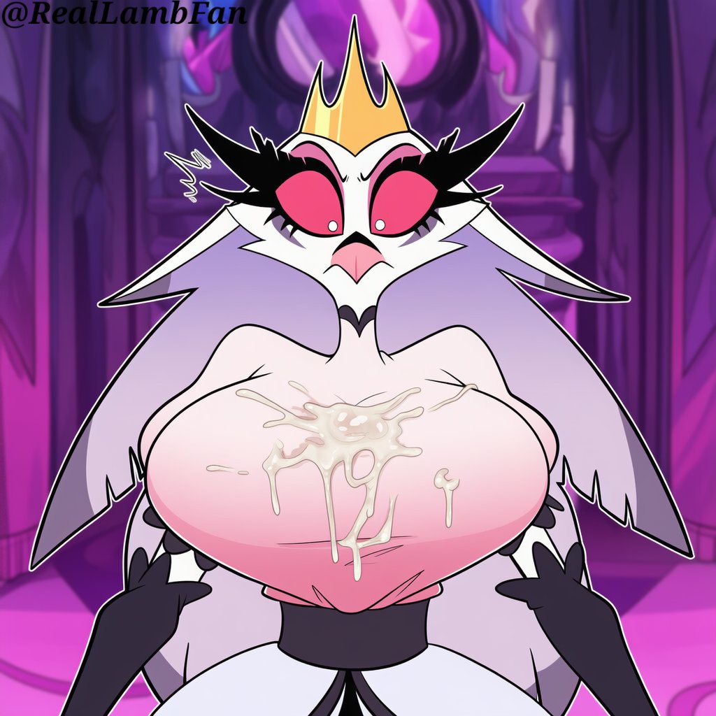 ai generated, anthro, aroused expression, avian, beak, big breasts, bird, black beak, black gloves, black horns, blush, breasts, crown, cum, cum drip, cum on body, cum on breasts, cum splatter, cumshot, demon, dress, dripping cum, feathers, female, front view, glistening, gloves, goetia, golden crown, groping own breasts, helluva boss, holding breasts, horns, huge breasts, lifting breasts, long gloves, looking at viewer, low-cut dress, open beak, owl, pink eyes, presenting breasts, reallambfan, semen, solo, sperm, stella (helluva boss), surprised expression, sweat, sweatdrop, thick cum, upper body, white cum, white feathers, wide eyes