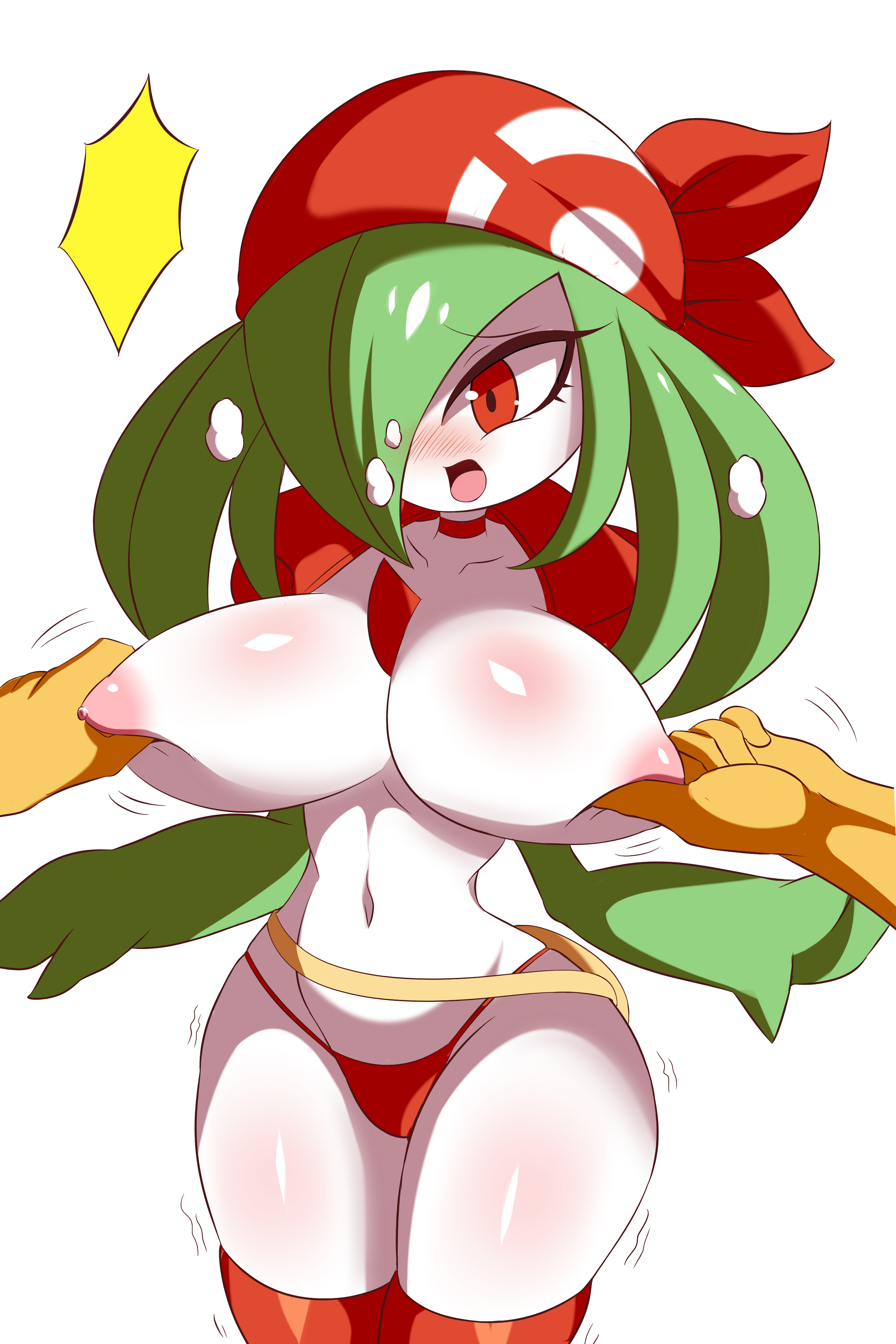 1boy, 1girls, 3 fingers, abs, ambiguous gender, anthro, anthrofied, areolae, ass, bag, bandana, belly, belt, big breasts, blush, breast squeeze, breasts, cosplay, disembodied hand, eyelashes, female, green hair, green skin, hair over one eye, heavy breathing, high resolution, holding, huge breasts, huge thighs, human, humanoid, interspecies, kirlia, large ass, light skin, light-skinned male, long hair, lucyfercomic, male, may (pokemon) (cosplay), moaning, motion lines, navel, nintendo, nipple pinch, nipple pull, nipples, open mouth, pale skin, pale-skinned male, panties, partially clothed, pokémon (species), pokemon, pokemon (species), pokemon rse, pokemon trainer (cosplay), pokephilia, pov, red eyes, red panties, red thighhighs, red thong, short hair, solo focus, standing, thick thighs, thighhighs, thin waist, thong, topless, trembling, white background, white skin, wide hips