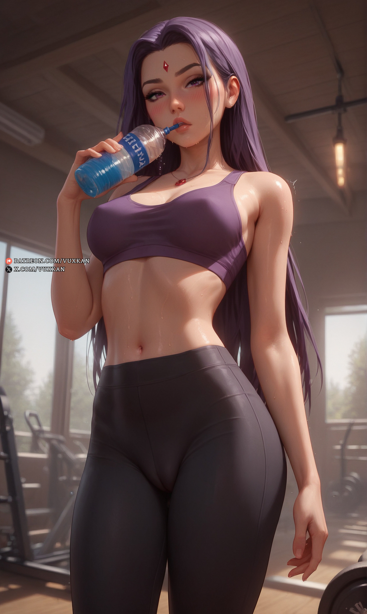 ai generated, gym, leggings, long hair, raven (dc), sports bra, sportswear, teen titans, vuxkan