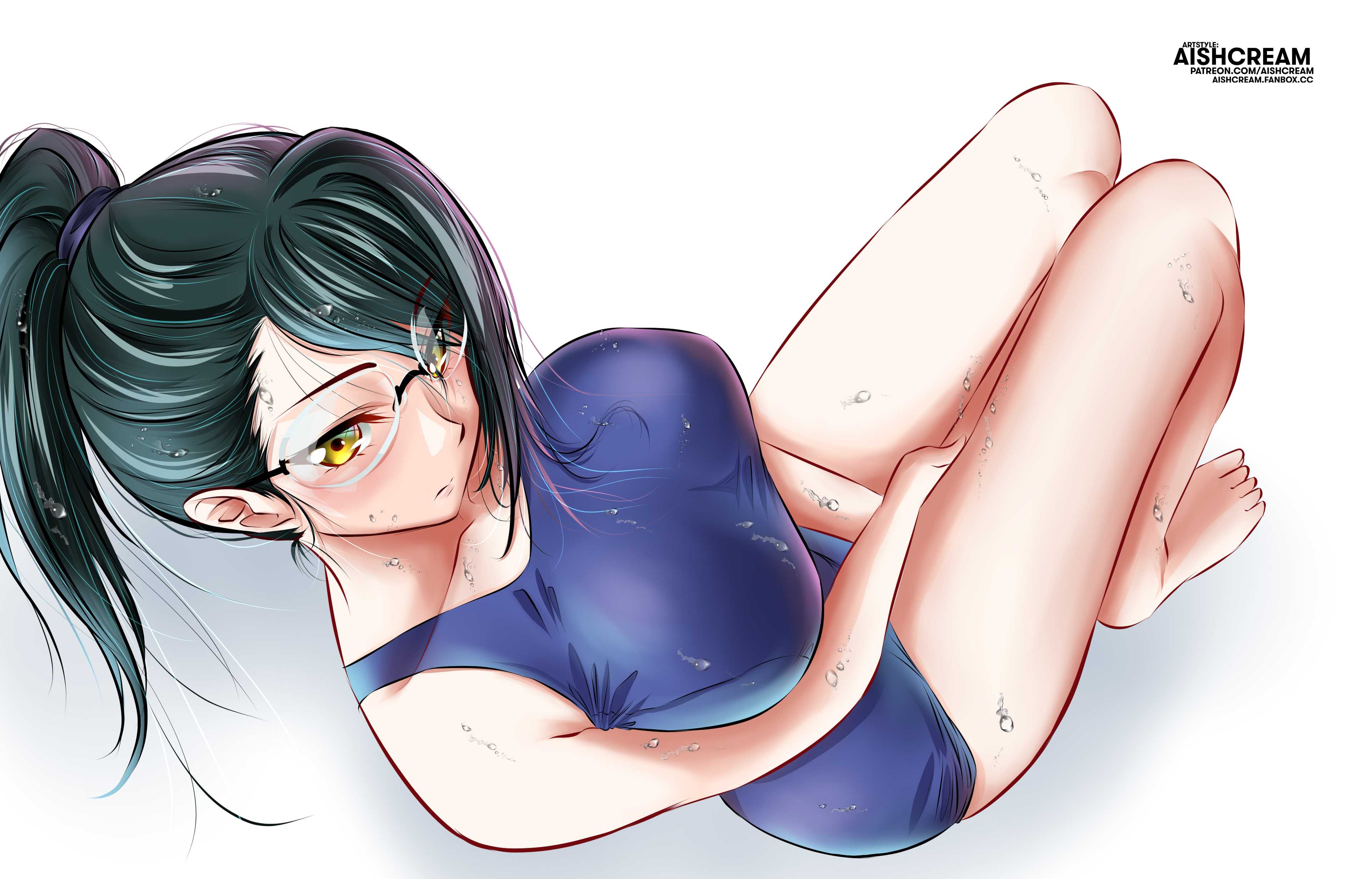 1girls, 2d, 2d (artwork), 2d artwork, aishcream, bikini, black hair, black-haired female, blue bikini, blue one-piece swimsuit, blue sukumizu, blue swimsuit, blue swimwear, breasts, busty, busty female, busty girl, busty teen, calves, collarbone, digital, digital art, digital drawing, digital drawing (artwork), digital media, digital media (artwork), dripping wet, eyebrows visible through hair, feet, female, female focus, female only, from above, full body, glasses, glasses on face, glasses on head, head tilt, high resolution, high school student, highres, jujutsu kaisen, jujutsu kaisen 0, knees, large breasts, lean figure, legs, legs closed, legs together, long hair, looking at viewer, looking up, looking up at viewer, maki zenin, narrow waist, one-piece swimsuit, parted bangs, ponytail, school girl, school swimsuit, shoulders, simple background, sitting, slender body, slender waist, slim waist, soaked, solo, sukumizu, swimsuit, swimwear, teen girl, teenage girl, teenage tits, teenager, thighs, thighs together, tilted head, toes, water, wet, wet bikini, wet body, wet breasts, wet face, wet hair, wet legs, wet skin, wet swimsuit, wet thighs, white background, yellow eyes, yellow-eyed female, young female, young woman, zenin maki