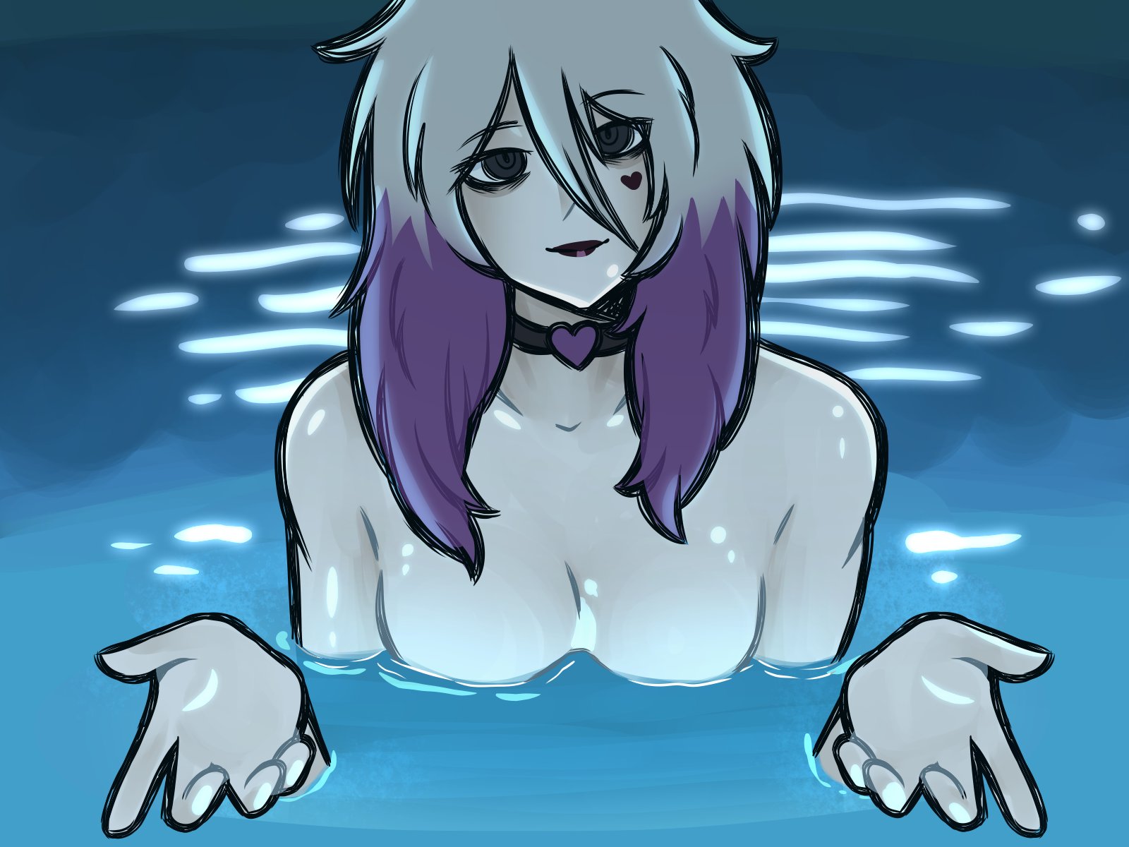 1girls, 2025, 2d, choker, dbd, dead by daylight, epic edster, female, female only, hair highlights, i'll teach you everything (chainsaw man), light skin, light-skinned female, nudity obscured, obscured breasts, obscured nudity, pool, purple hair, reze in the pool (meme), sable ward, sfw, white hair