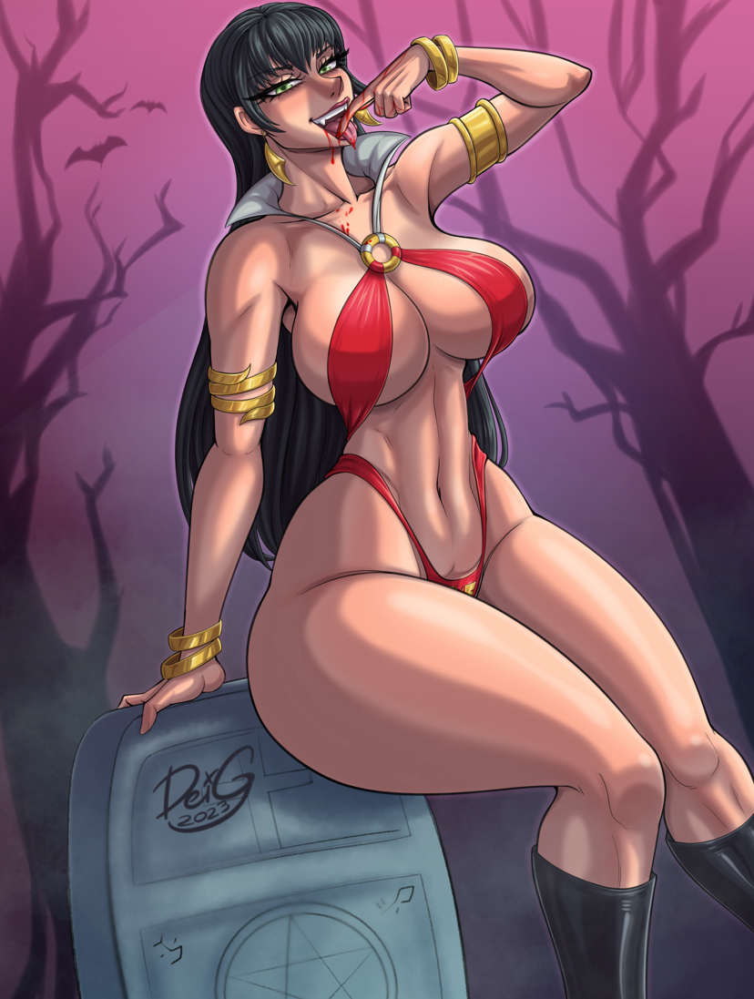 boob window, breasts, curvaceous, curvy, curvy female, curvy figure, curvy hips, deigart, looking at viewer, looking pleasured, thick, thick thighs, thighs, underboob, vampire, vampirella, vampirella (series)