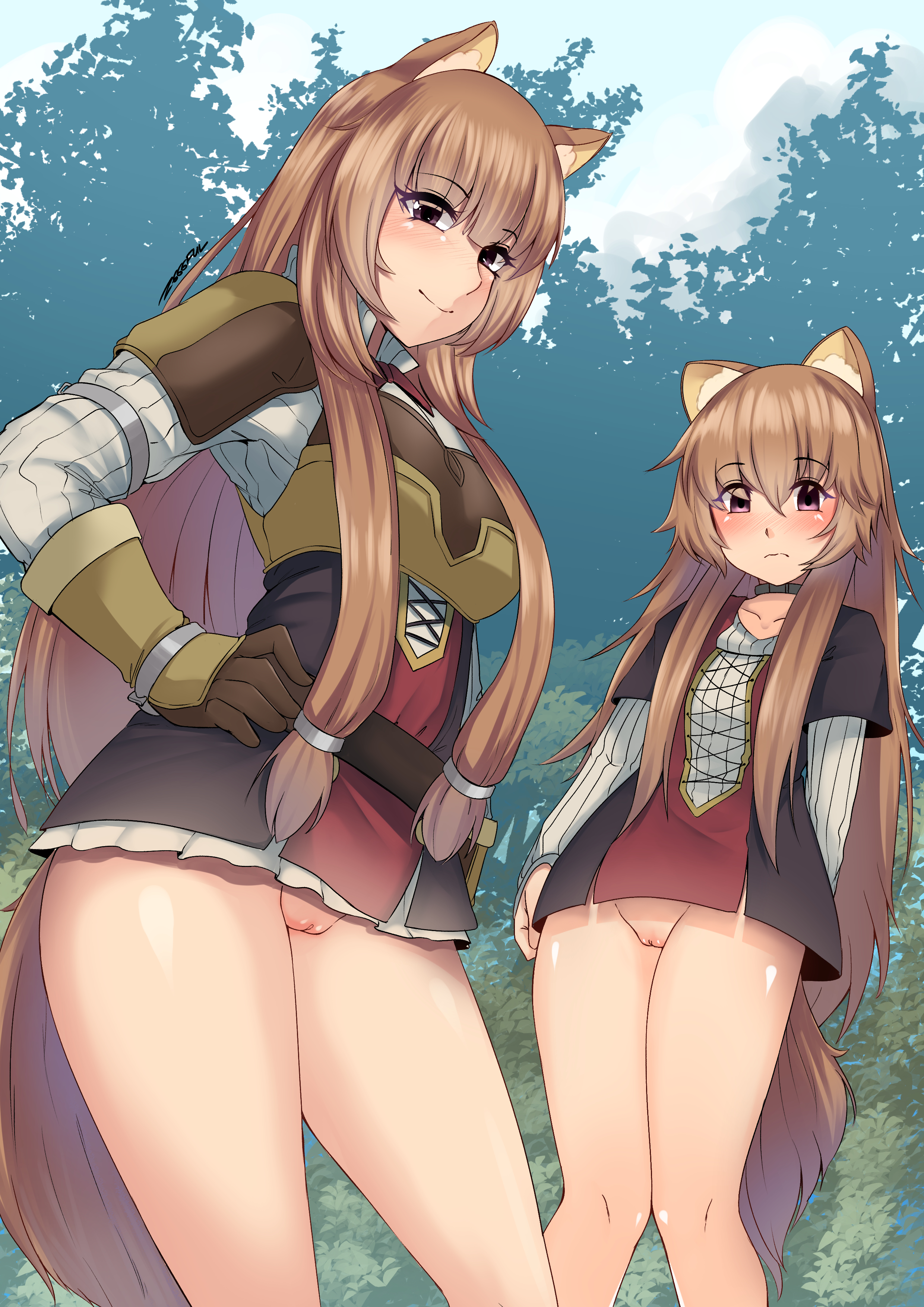 2girls, absurdres, blush, bottomless, bottomless skirt, clothed female, female, female only, highres, looking at viewer, multiple females, multiple girls, no panties, pussy, raccoon ears, raccoon girl, raccoon tail, raphtalia, tate no yuusha no nariagari, time paradox, upskirt, young raphtalia, z666ful