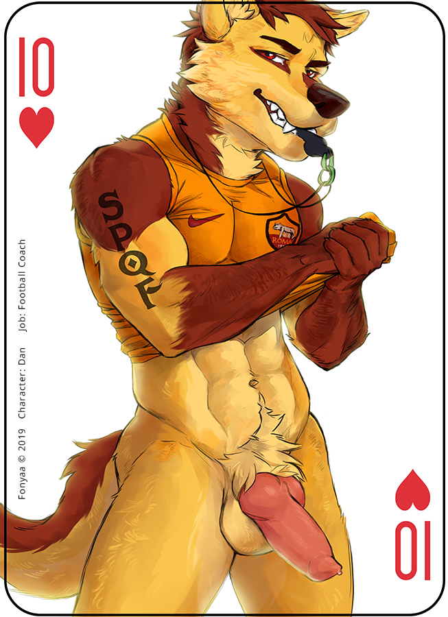 2019 abs animal_genitalia animal_penis anthro balls belly biceps bottomless brown_fur canid canine canine_penis canis card clothed clothing coach english_text erection fonyaa fur hair knot looking_at_viewer male male_only mammal muscular muscular_male navel pecs penis playing_card red_eyes shirt simple_background smile solo standing teeth text whistle white_background wolf