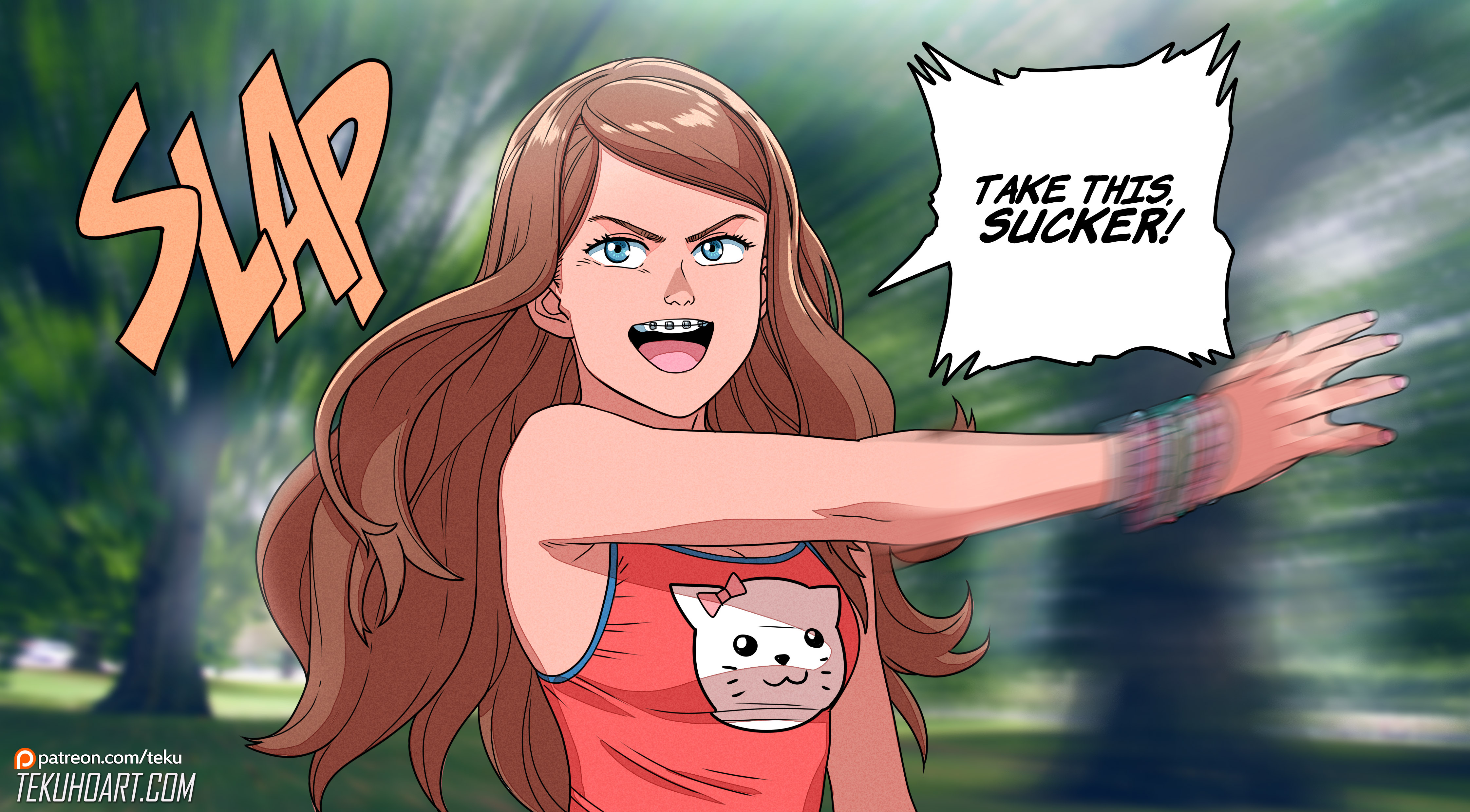 1girls, 2d, 2d (artwork), blue eyes, braces, breasts, brown hair, dialogue, english, female, femdom, human, light skin, light-skinned female, long hair, looking at viewer, medium breasts, original, pov, slap, slap pov, slapped, slapping, solo, straight hair, talking to viewer, tammy (tekuho), tekuho