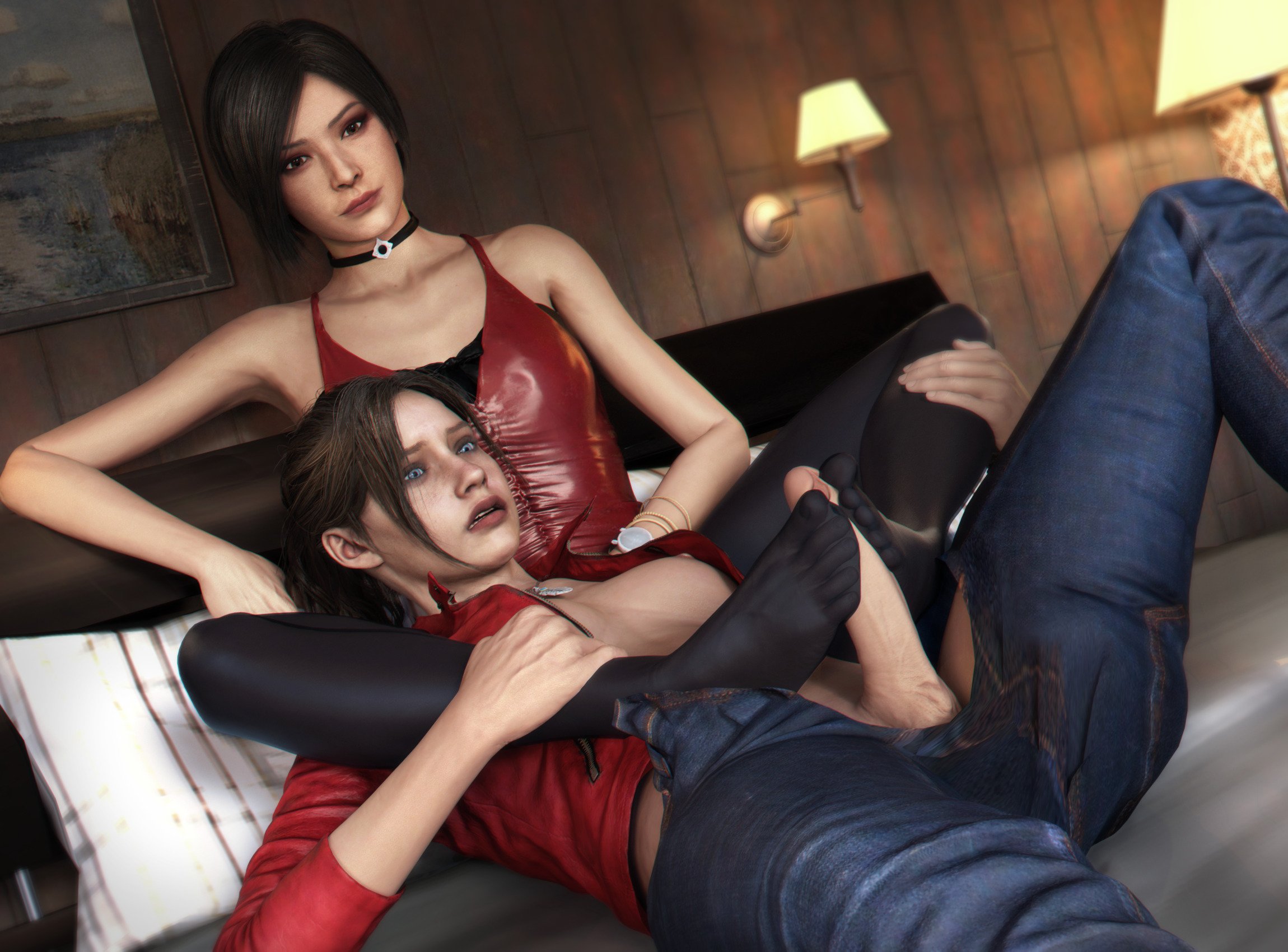 1futa, 1girls, 3d, ada wong, areolae, asian, balls, breasts, claire redfield, claire redfield (jordan mcewen), clothed female, dawadd, erect nipples, erection, feet, female, female on futa, footjob, footjob with legwear, futa sans pussy, futanari, interracial, intersex, nipples, penis, penis out, resident evil, resident evil 2, small breasts, thighhighs, toes