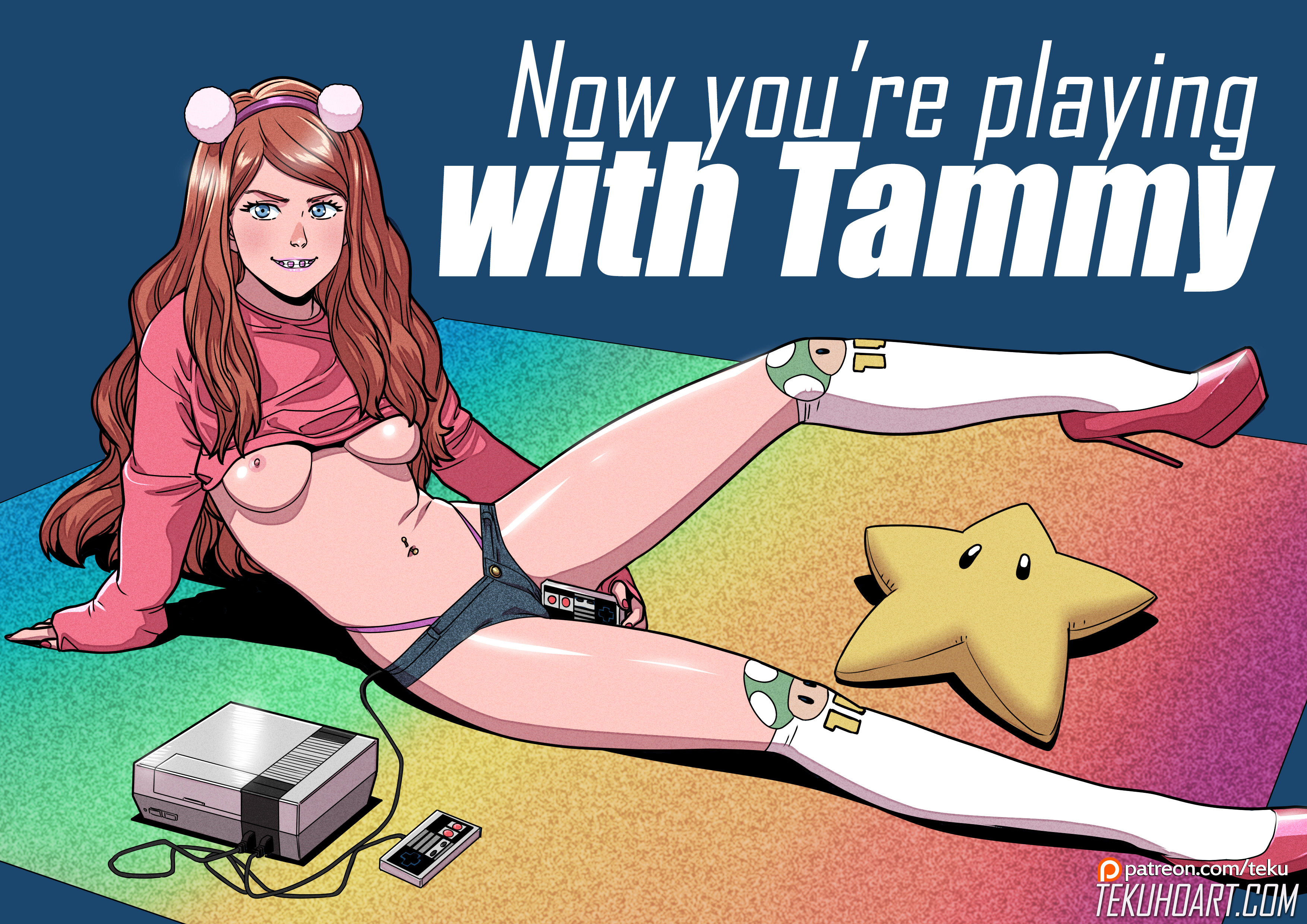 1girls, bimbo, blue eyes, braces, breasts, brown hair, english text, female, full body, high heels, kneehighs, masturbation, nintendo entertainment system, nipples, solo, tammy (tekuho), teenager, tekuho, whale tail