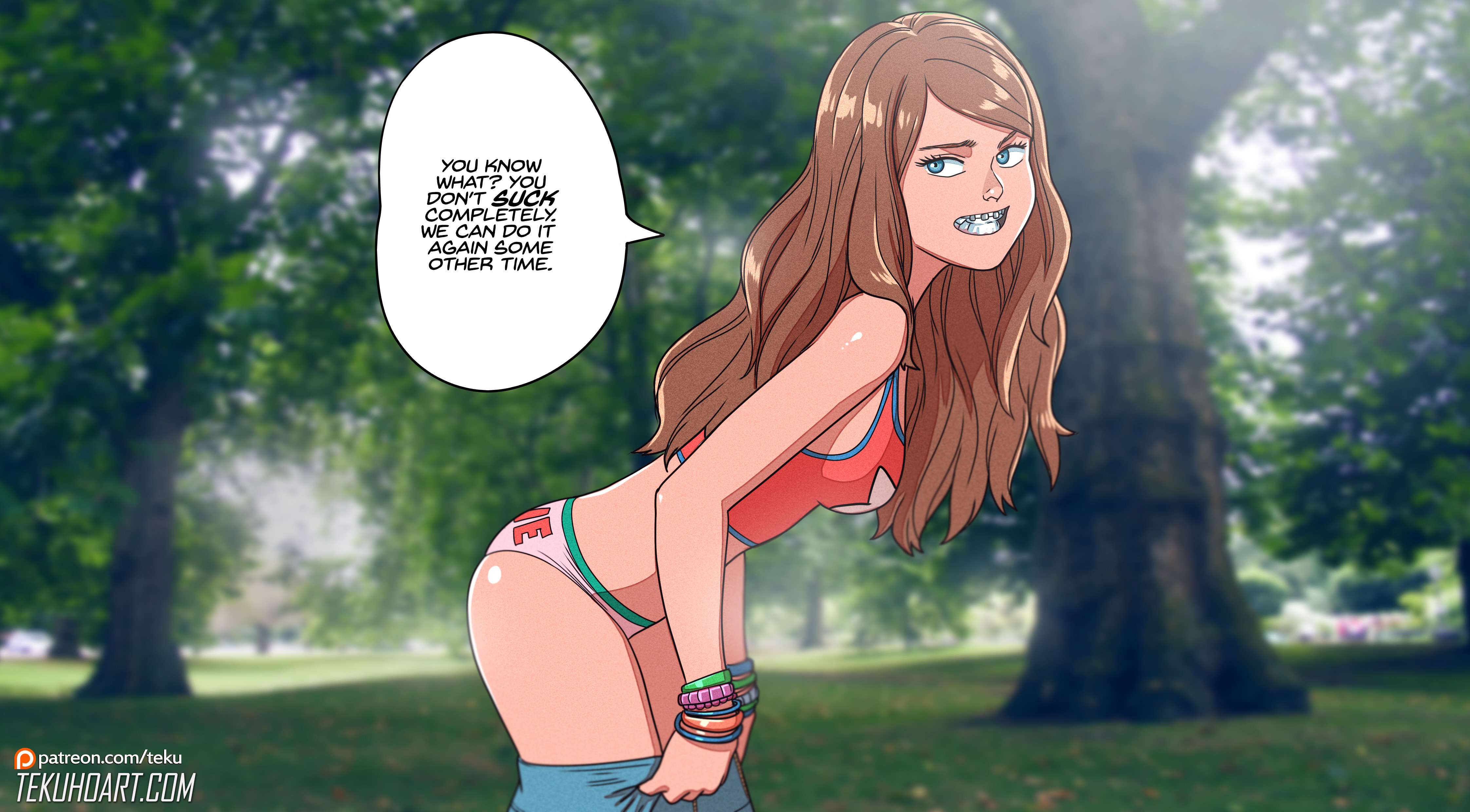 1girls, blue eyes, braces, breasts, brown hair, clothed, clothing, dressing, english text, female, light brown hair, long hair, looking at viewer, medium breasts, original, panties, pants down, public, side view, skirt, smile, solo, standing, talking to viewer, tammy (tekuho), tekuho
