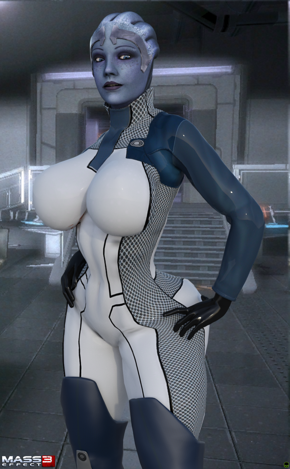 1girls 3d alien alien_girl asari bald big_breasts black_gloves blue_eyes blue_skin bodysuit busty cleavage curvy detailed_background female female_only front_view gloves hand_on_hip hands_on_hip hands_on_hips headgear hourglass_figure humanoid indoor inside liara_t'soni looking_at_viewer mass_effect pose posing room shiny shiny_skin solo spread_legs spreading standing voluptuous wide_hips xskullheadx