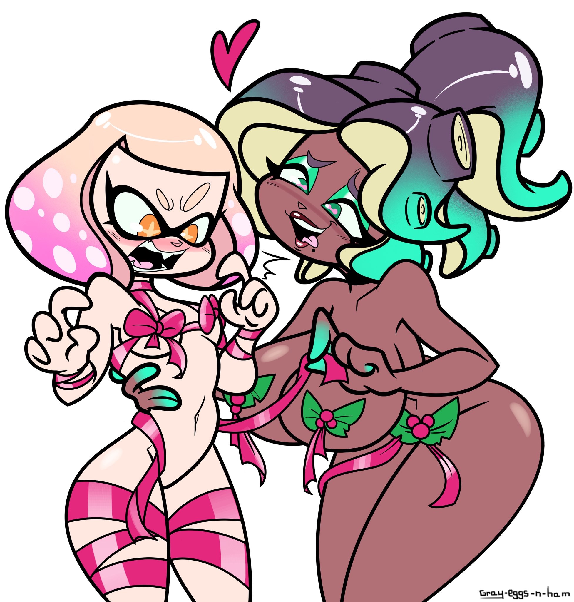 2girls, ass, big ass, big breasts, breasts, chocolate and vanilla, christmas, dark skin, dark-skinned female, eyeliner, female, gray eggs n ham, inkling, lips, marina (splatoon), nintendo, octoling, pearl (splatoon), small breasts, splatoon, splatoon 2, tentacle hair, tongue, tongue out, voluptuous, wide hips, yuri