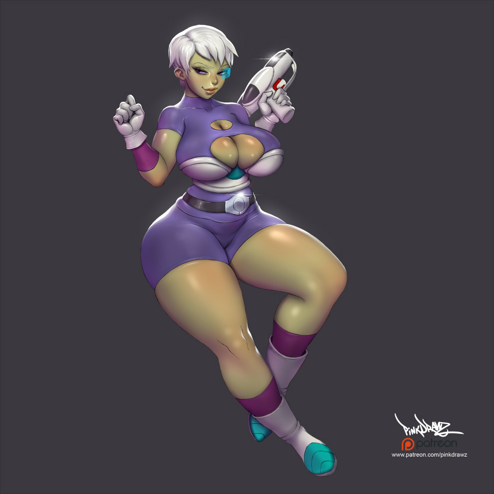 1girls, alien, alien girl, ass, battle armor, blue-tinted eyewear, bodysuit, boots, breasts, cheelai, cleavage, cleavage cutout, cutout, dragon ball, dragon ball super, eyelashes, female, female only, gloves, green skin, green-tinted eyewear, gun, half-closed eyes, huge ass, huge breasts, humanoid, looking away, pink eyes, pinkdrawz, scouter, short hair, solo, text, thick thighs, tinted eyewear, url, watermark, weapon, white hair, wide hips