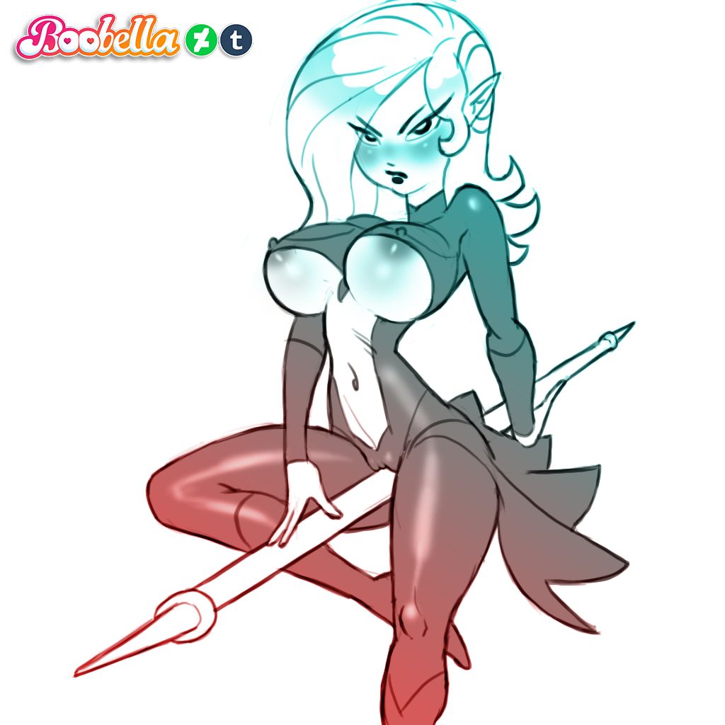 belly, blush, boobella, breasts, cameltoe, closed mouth, clothed, clothing, demon, dragon ball, dragon ball heroes, dragon ball xenoverse, erect nipples, erect nipples under clothes, female, large breasts, long hair, navel, nipples, pointy ears, pussy, sitting on staff, solo, staff, towa, vagina