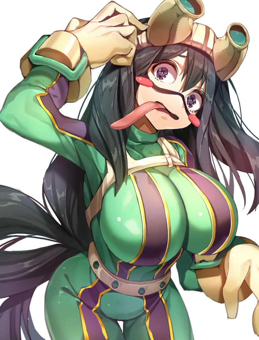 1girls, big breasts, breasts, female, green hair, green-haired female, hero outfit (mha), j na, large breasts, long tongue, monster girl, my hero academia, shounen jump, tongue, tsuyu asui