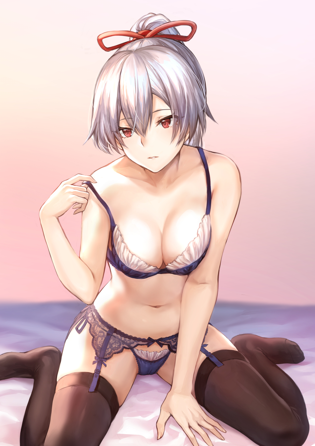 1girls, blue bra, blue lingerie, blue panties, bra, breasts, cleavage, fate (series), fate/grand order, female, female only, garter belt, garter straps, lingerie, looking at viewer, mashu 003, panties, red eyes, thighhighs, tomoe gozen (fate), white hair