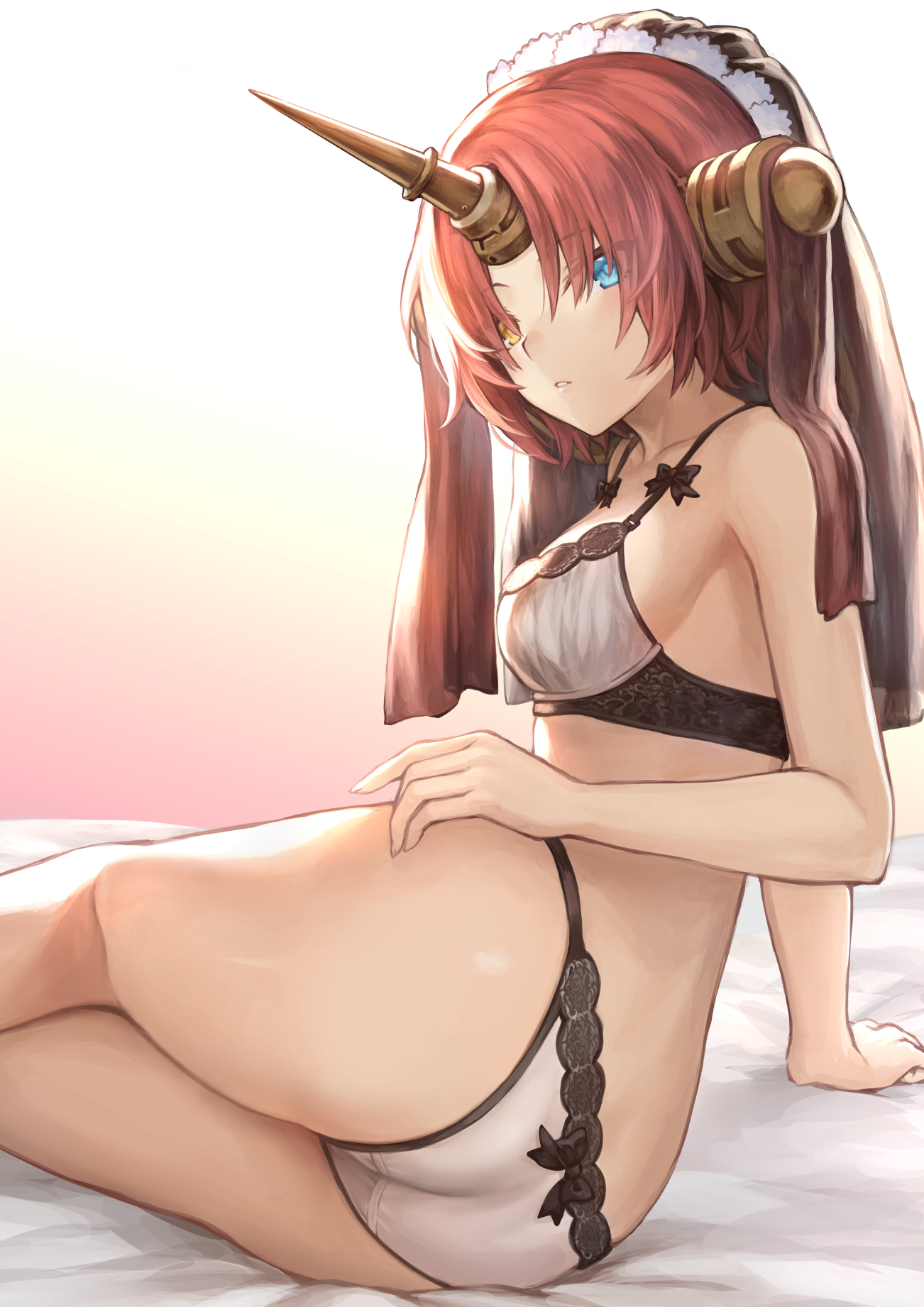 ass, blue eyes, breasts, fate (series), fate/grand order, female, female ass, female only, frankenstein (fate), heterochromia, lingerie, looking at viewer, mashu 003, medium breasts, pink hair, pinup, thighs, thighs together, type-moon, white bra, white lingerie, white panties, yellow eyes